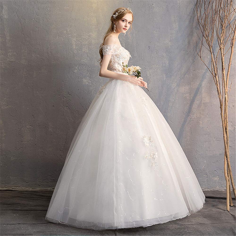 Abito da Sposa Donne Abiti da Sposa Corte di Lusso Word Spalla Pizzo Slim Slimming Abito da Sposa Abito da Sposa, Bianco, l