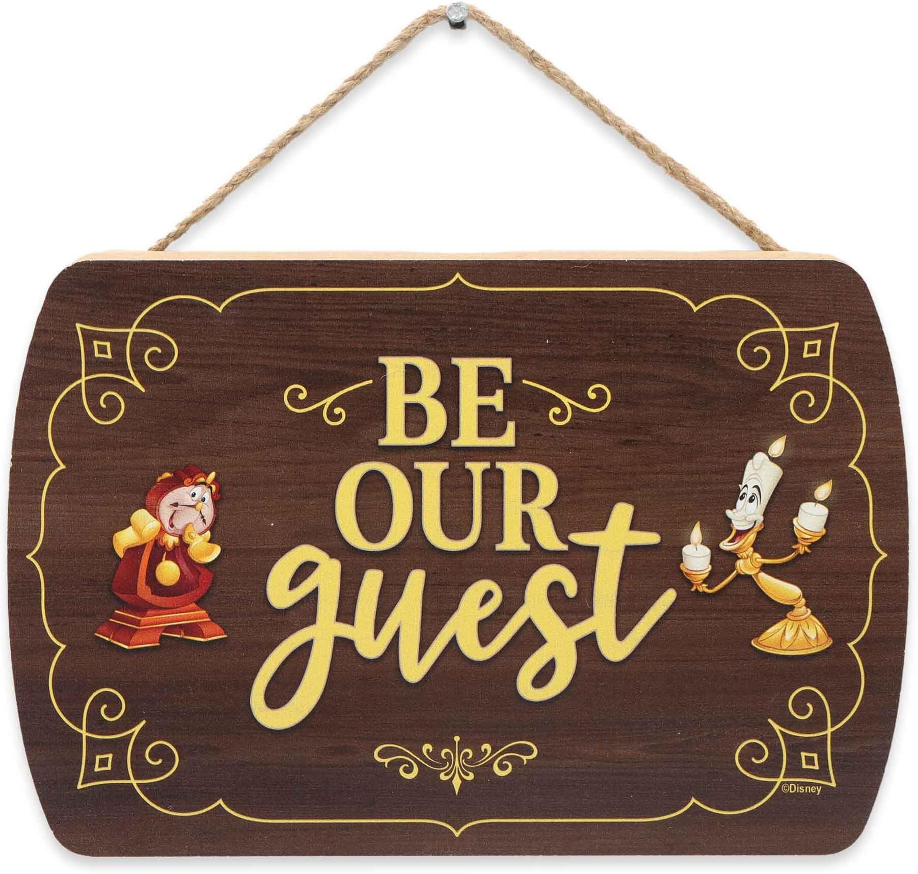 Open Road Brands Disney Beauty and The Beast Be Our Guest Hanging Wood Wall Decor - Fun Vintage Sign for Entryway or Guest Room
