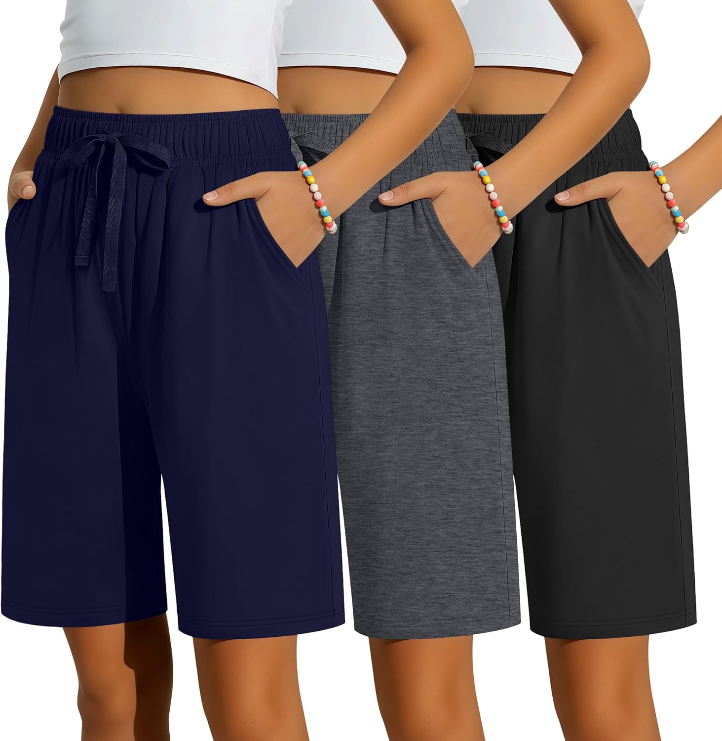 3 Pack Girls Bermuda Shorts Knee Length Straight Leg Drawstring Elastic Kids Lightweight Soft Pants with Pockets