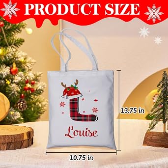 Christmas Tote Bag with Name and Initial, Personalized Canvas Gift Bag for Women Men Kids