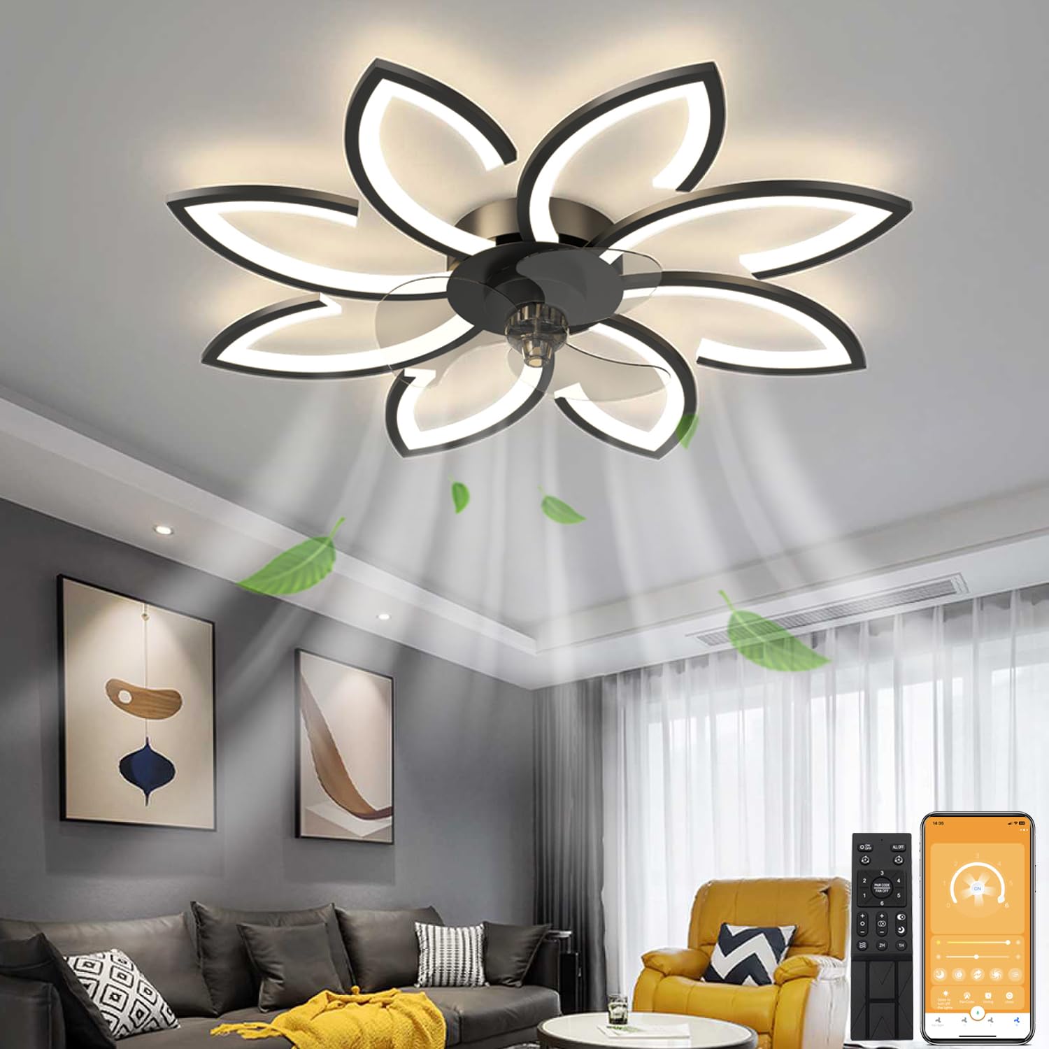 Photo 1 of LENIVER 35.5" Ceiling Fan with Lights Remote Control, Modern Low Profile Flush Mount Ceiling Fan with Lights, Dimmable Ceiling Fans 3 Color 6 Speed for Bedroom Living Dining Room Kitchen - Black