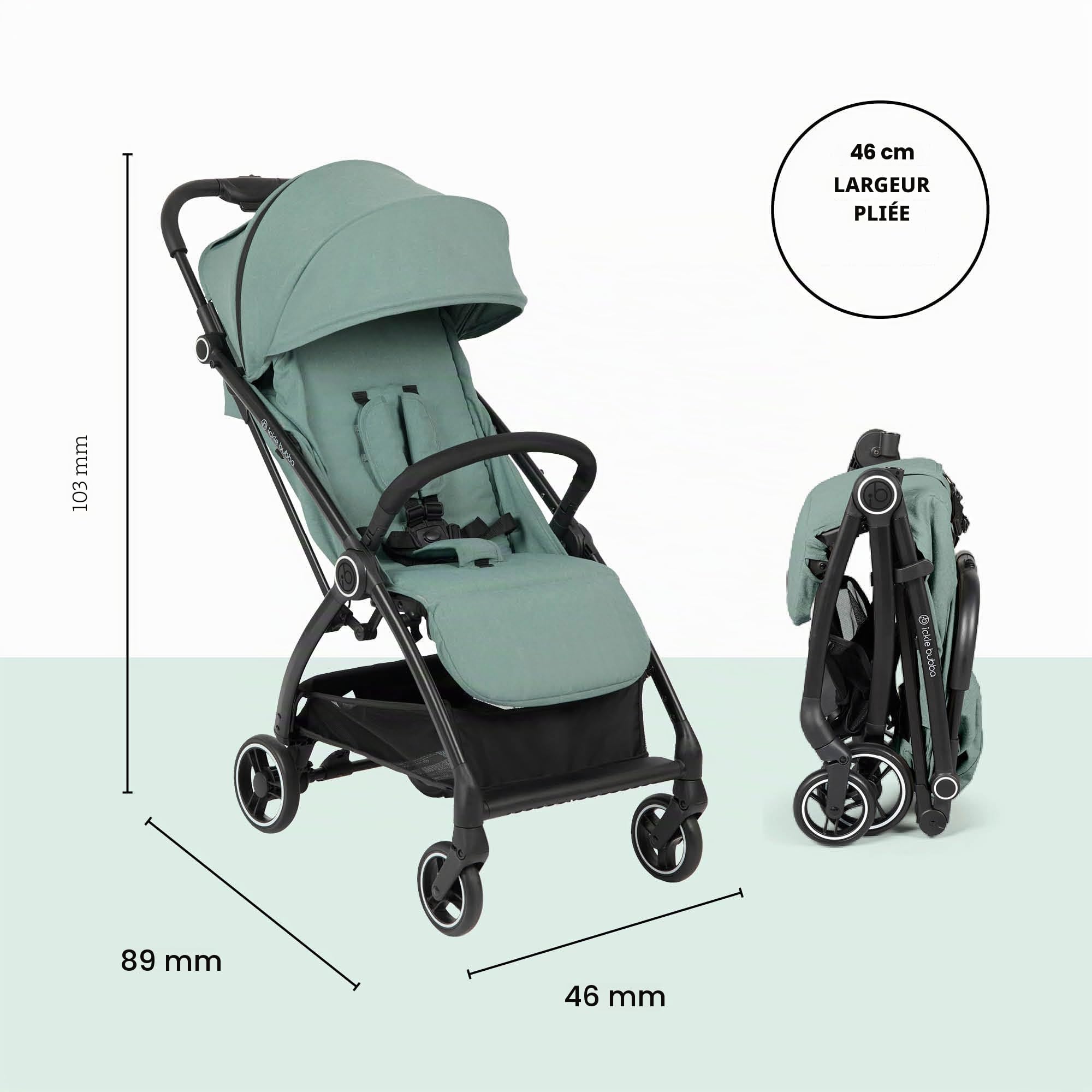 Ickle Bubba Aries Max Autofold Poussette avec chauffe-pieds et porte-gobelet, design léger comme une plume, inclinaison multipositions et mécanisme de pliage automatique pratique (Vert Sauge)