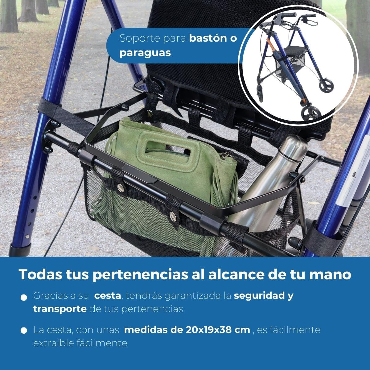 Mobiclinic®, Andador para adultos, Plegable, Ligero, De aluminio, Regulable patas y asiento, Con 4 ruedas, Marca española, Sujeta bastones, Cesta, Augusto, Azul