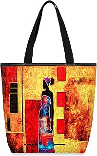 Sacolas de lona com zíper e bolso interno, bolsa de ombro feminina casual bolsa de mão feminina tradicional africana, bolsas de compras reutilizáveis de cozinha, bolsas de lona para uso em bolsas de livros, sacolas de compras, sacolas de presente, Multicor
