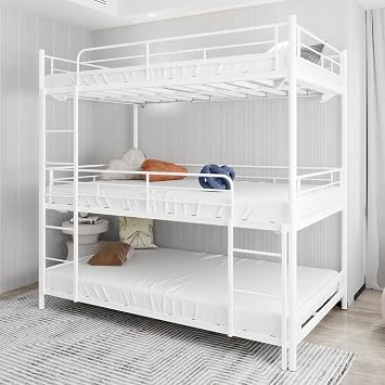 Heavy Duty Triple Bunk Bed, Twin Over Twin Over Twin for Kids, White