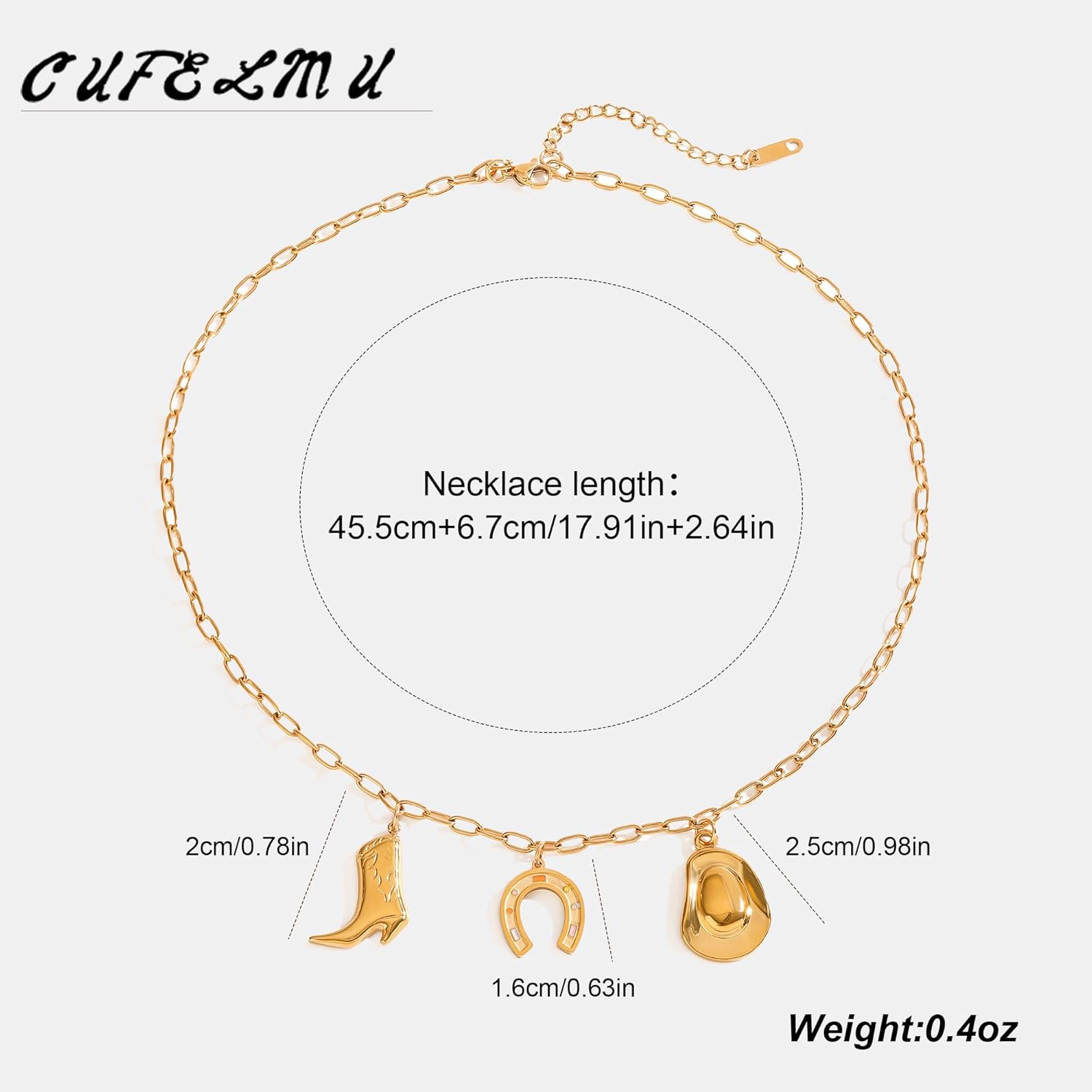 Western Cowboy Pendant Necklace, Gold Chain, Boot Horseshoe and Hat Charms, Adjustable Country Rodeo Jewelry for Women - Image 6