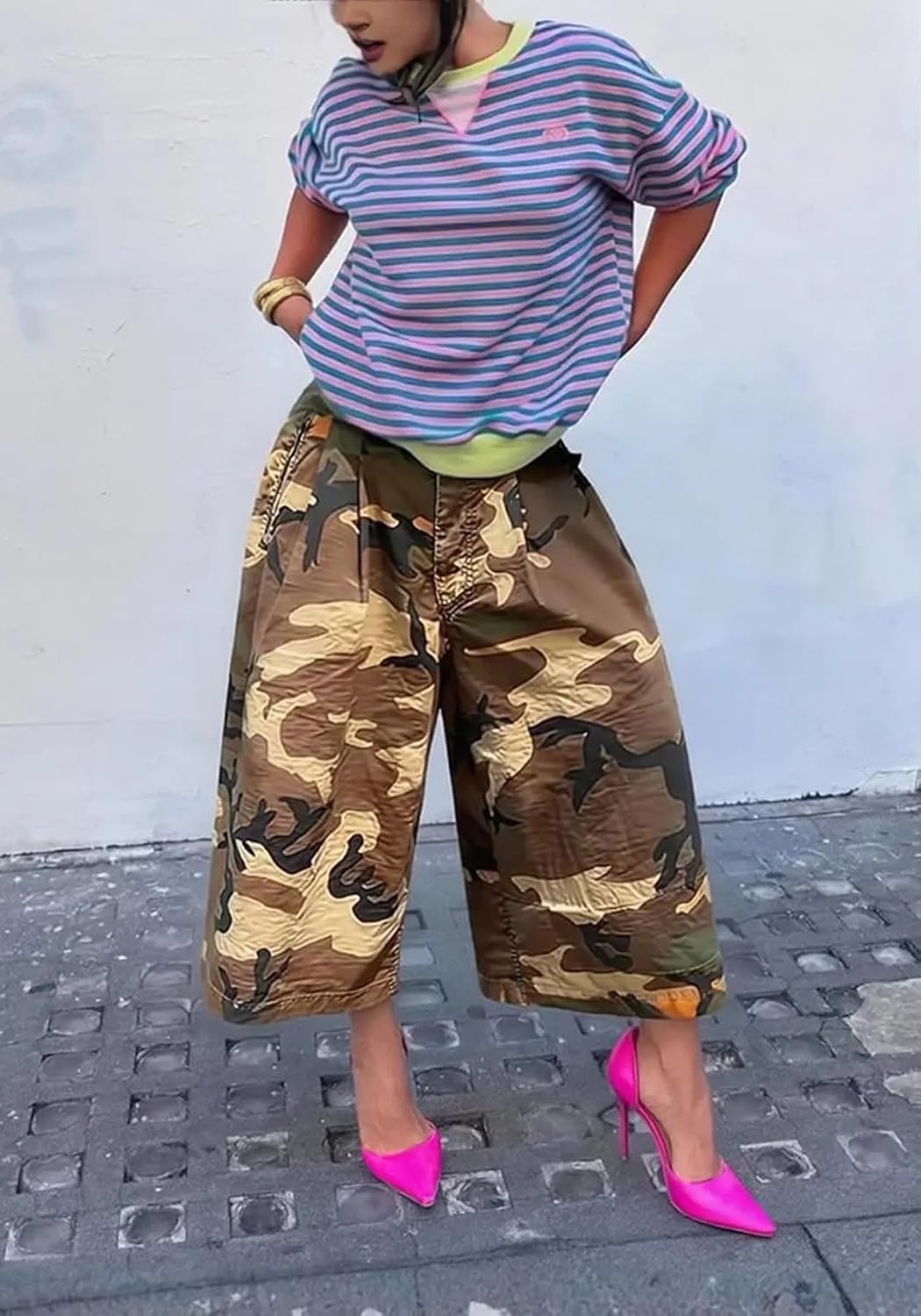 Tbahhir Baggy Cargo Jeans Camo Women Camouflage Jean Cropped Wide Leg Denim Pants Army Fatigue Trousers Dressy Casual