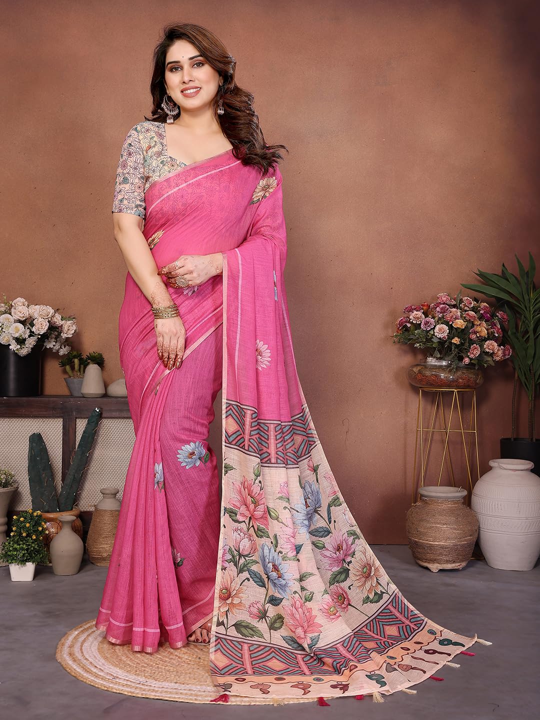 Women's Printed Cotton Linen Saree With Unstitched Blouse Piece-image-10