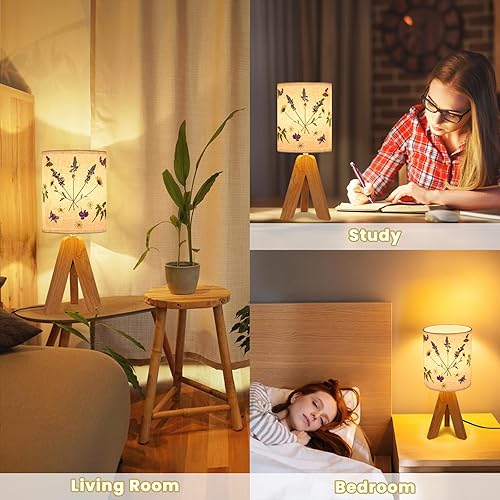 Miniatura 7 de LUMIMAN Lámpara de mesa pequeña con trípode, lámpara LED de mesa de noche de flores prensadas de 7 W con base de madera para dormitorio, sala de