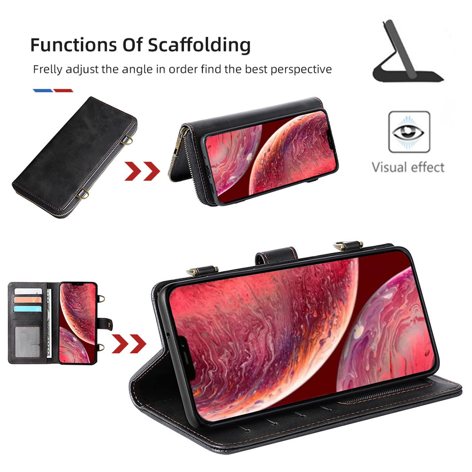 Etui do iPhone 14 / 14 Pro / 14 Plus / 14 Pro Max, klapki, zamek błyskawiczny, etui na telefon komórkowy, przegródka na karty, magnetyczne, odporne na zarysowania, czarne, 14 Pro 6,1"