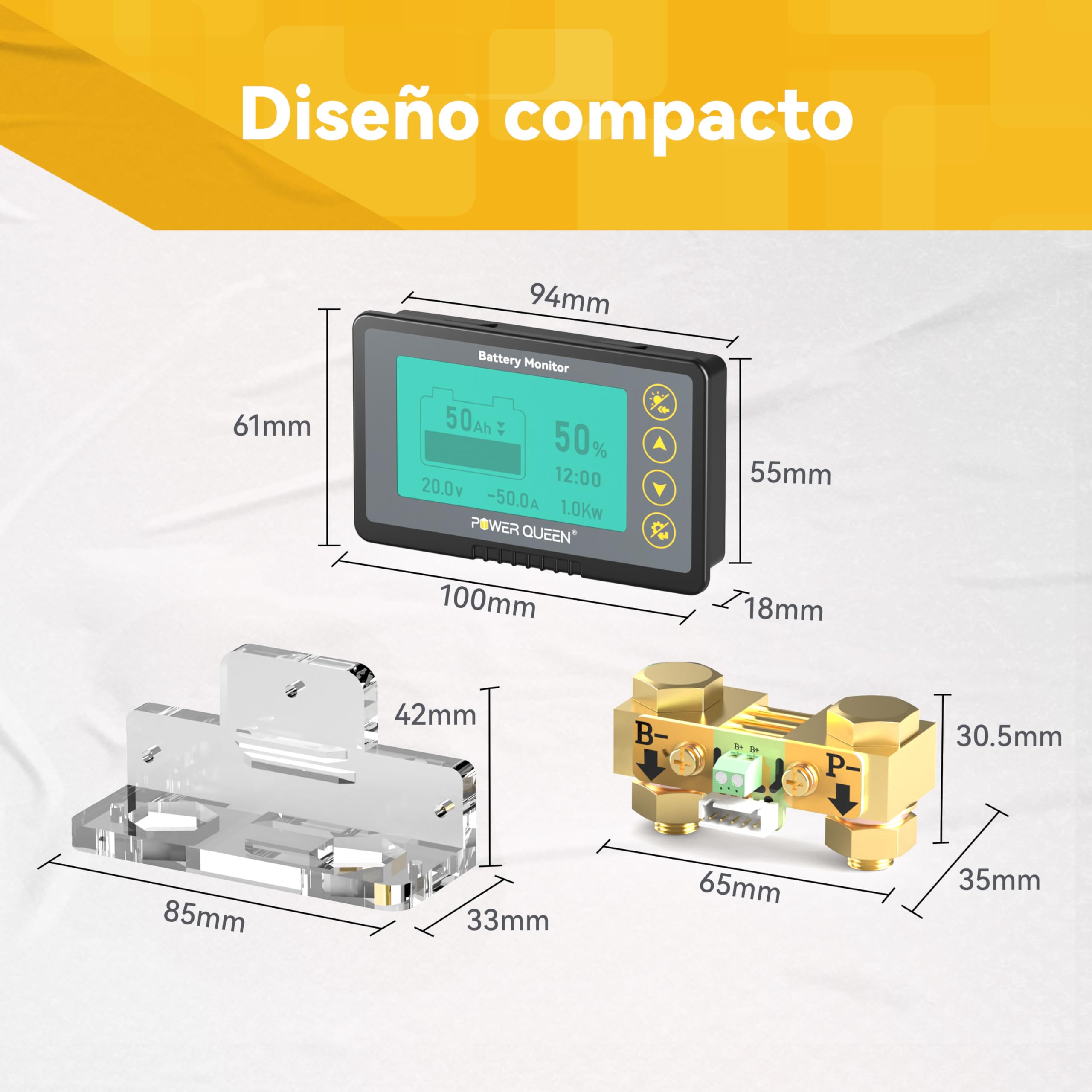 POWER QUEEN Monitor de Baterías 500A con Shunt y Pantalla LCD | Rango de 8V-120V para LiFePO4, Litio o Gel,Con Cable Blindado de 6M, Alarma Programable Inteligente y Alta Precisión