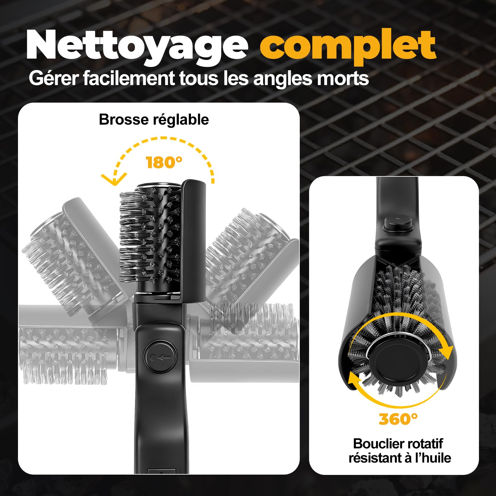 Brosse Barbecue Électrique 2-en-1, Brosse ÉLectrique avec 3 Niveaux de Nettoyage/Rotation à 360° / 400 TR/Min, Rechargeable avec Têtes De Brosse Interchangeables pour Tous Les Barbecues