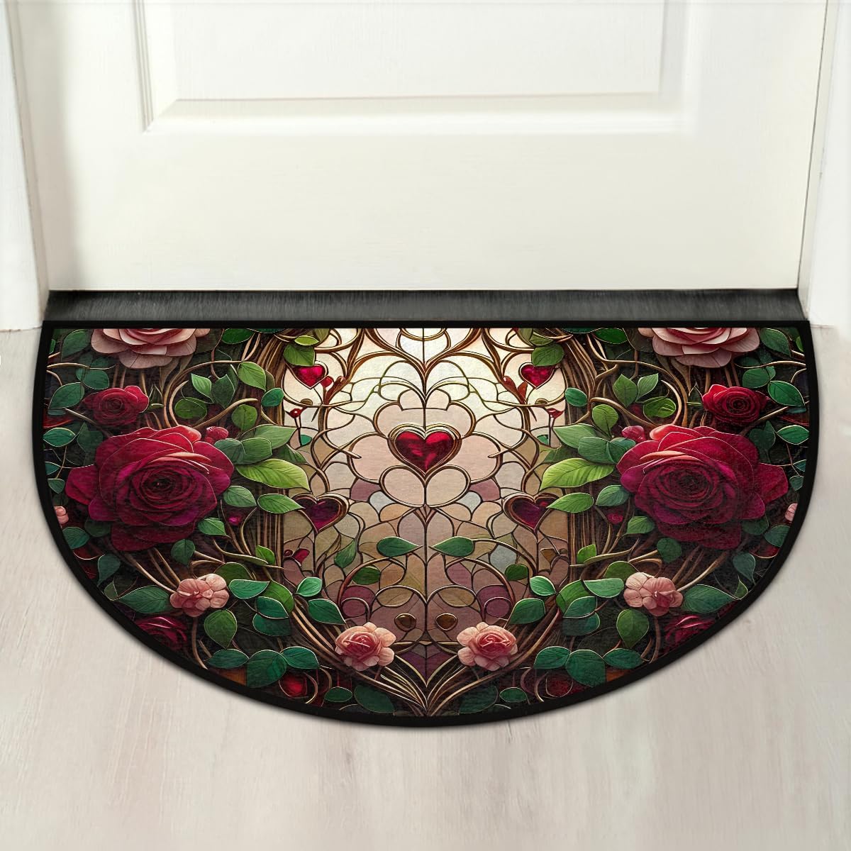 Half Round Door Mat Rose Valentine's Day Love Non Slip Washable Semi Circle Area Rug Absorbent Soft Half Moon Rug Floor Mat for Indoor Outdoor Kitchen Bathroom Patio Front Door Mat Decor