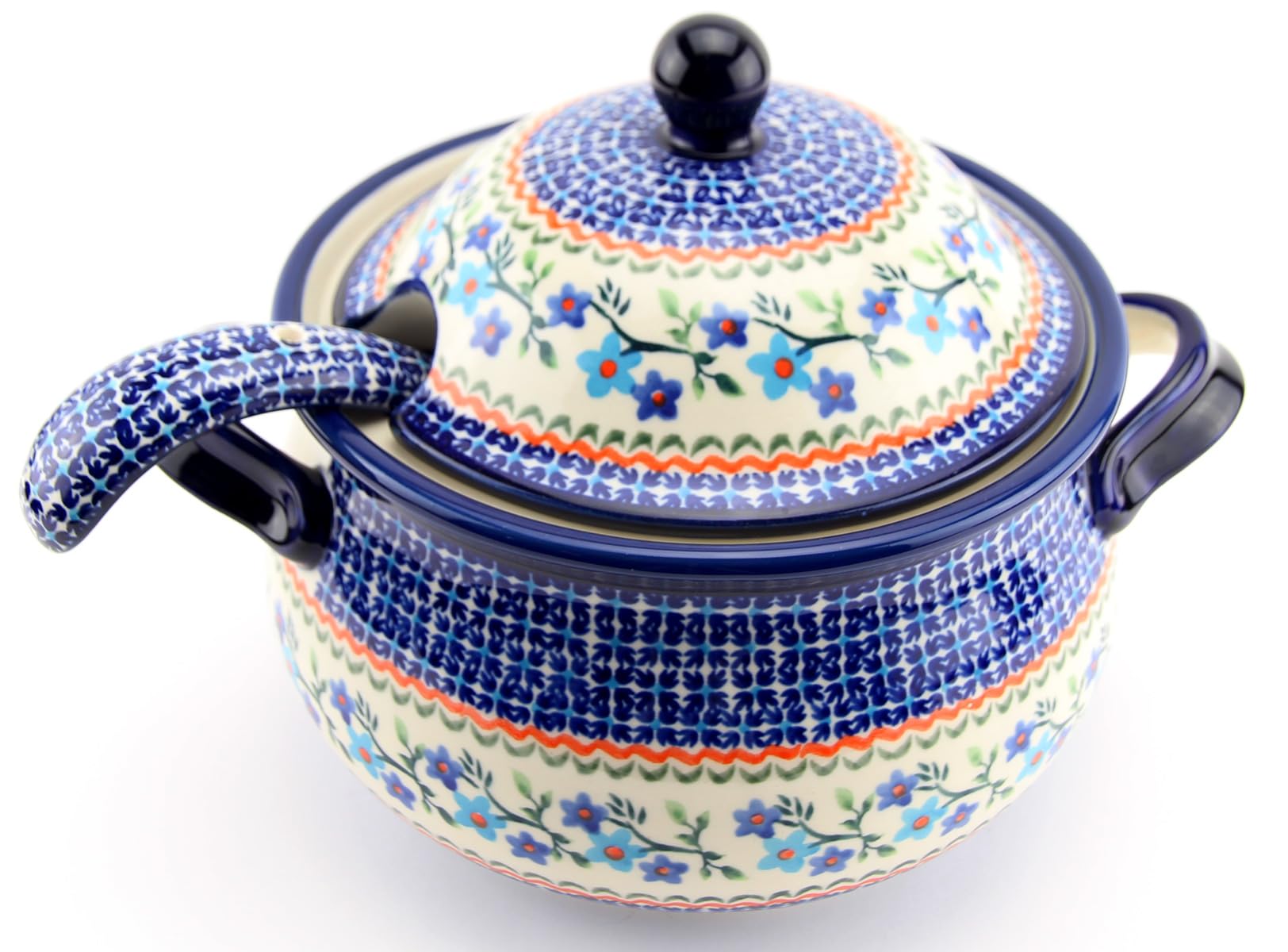 Polish Pottery Soup Tureen with Ladle in Blue Blossom Pattern - 13.4 Cups Capacity - Handpainted Stoneware from Boleslawiec, Poland by Zaklady Ceramiczne
