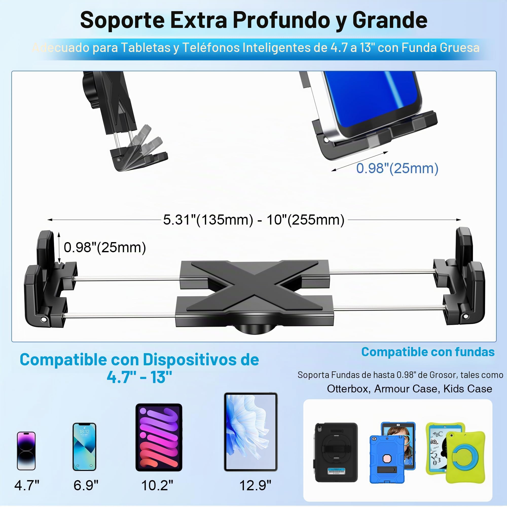 Soporte para Coche y Tablet, Soporte para iPad con Brazo Ajustable de 15 Pulgadas para Tablet, iPhone 4.7 a 13 Pulgadas, iPad Pro Air Mini, Fire, iPhone 16 15, Galaxy S25 S24 Z Fold 6 5