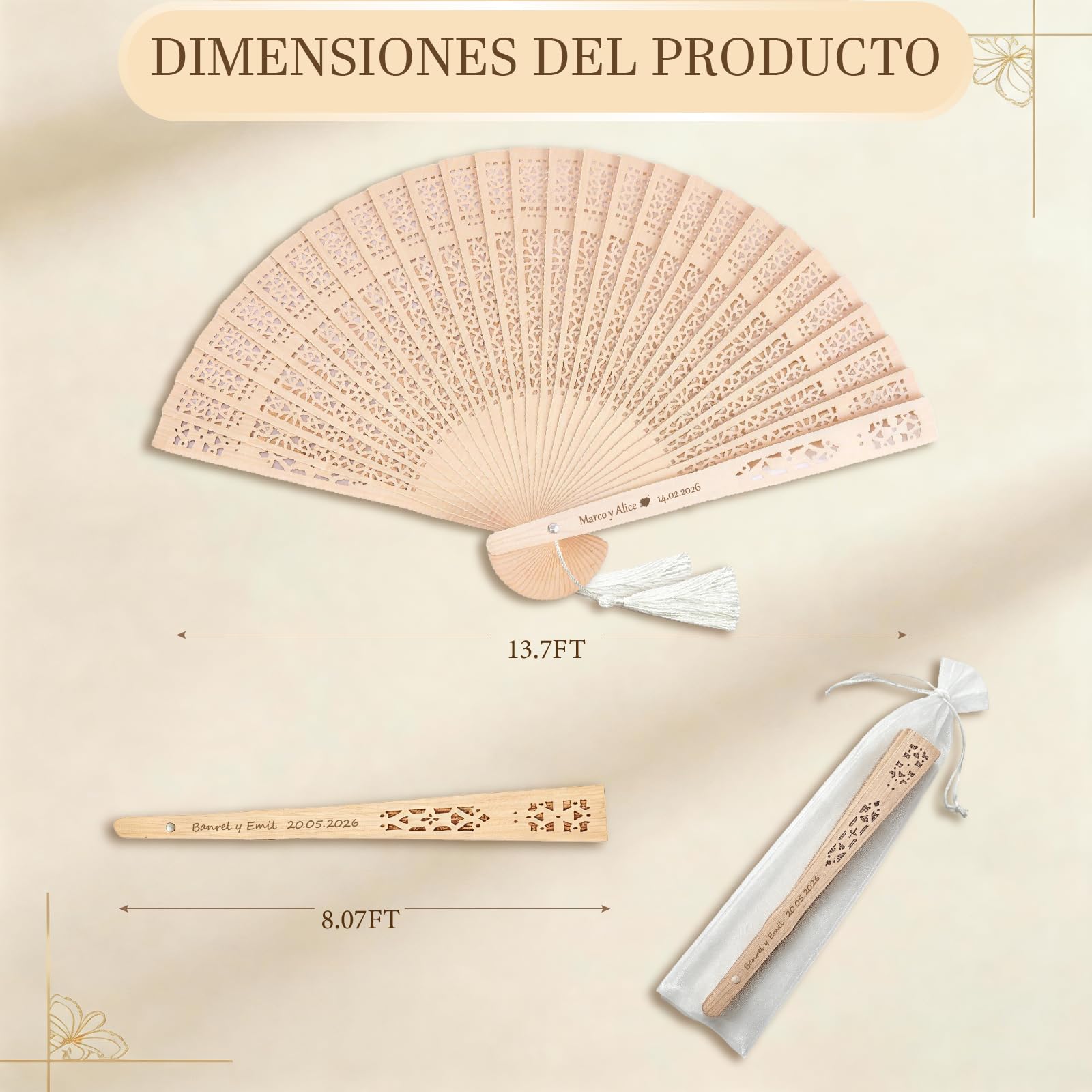 Abanicos Personalizados para Boda y Abanico Personalizado de Madera | Abanicos Plegables con Bolsas de Organza, Regalos Boda para Invitados en Lote, Ideales para Baby Shower, Cumpleaños y Fiestas