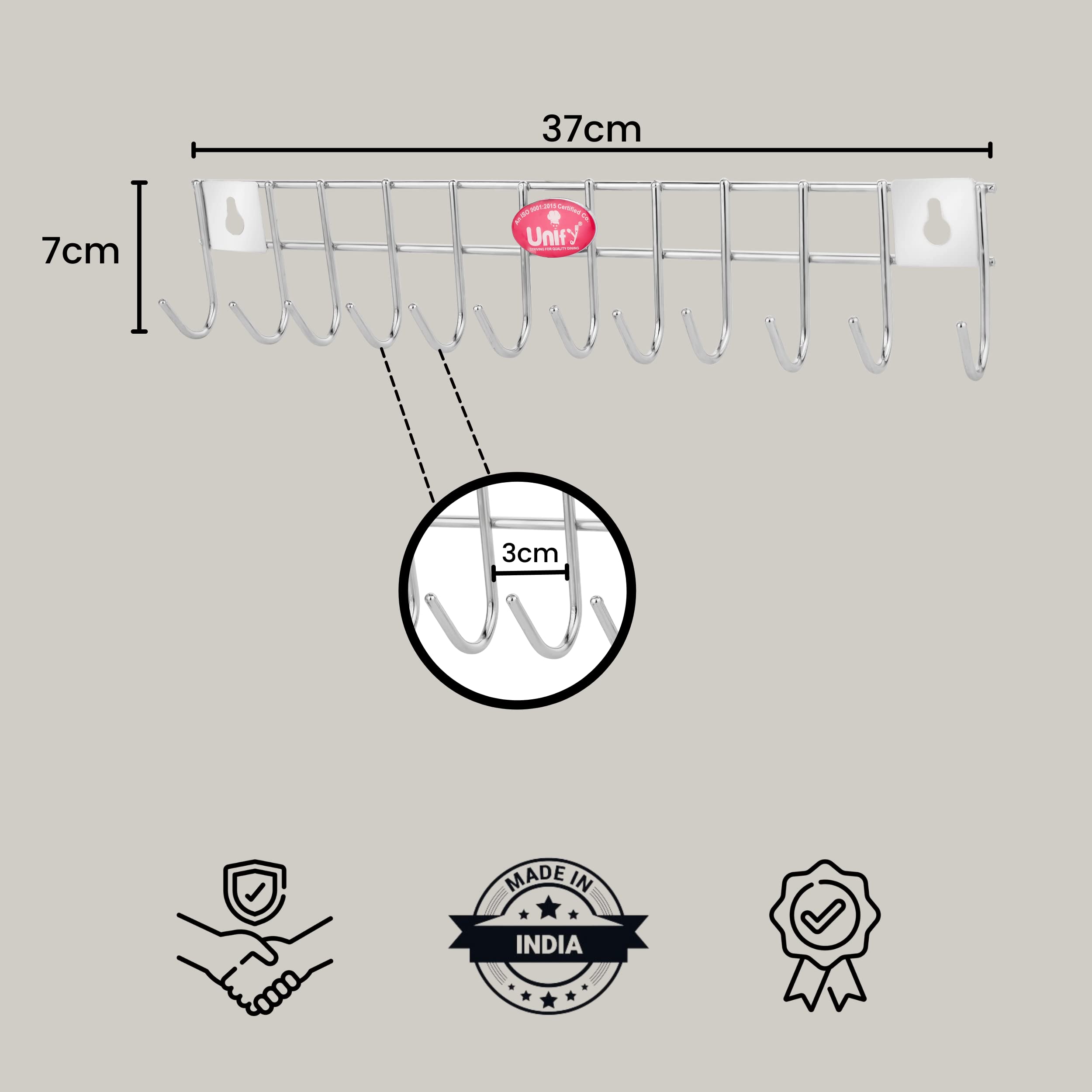 Unify Stainless Steel Cloth Hanger for Wall 12 Hooks, Door Mounted Hook Rail, Wall Hook, Towel Hooks, Bathroom Hanger, Kitchen Tools Hanging, Small (14.5 Inch), Silver 1