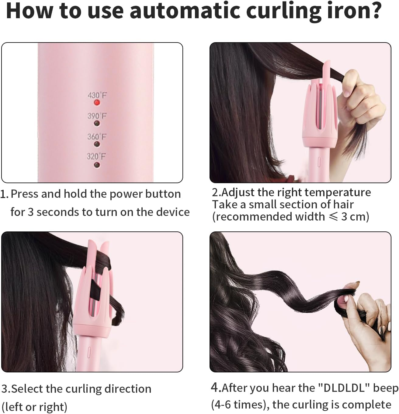 Automatic Curling Iron, Curloni 1.2 Inch Rotating Hair Curler for Long Hair, Pink Ceramic Wand Curling Iron with 4 Temps & Anti-Scald Design, Dual Voltage Automatic Hair Curler for Beginners