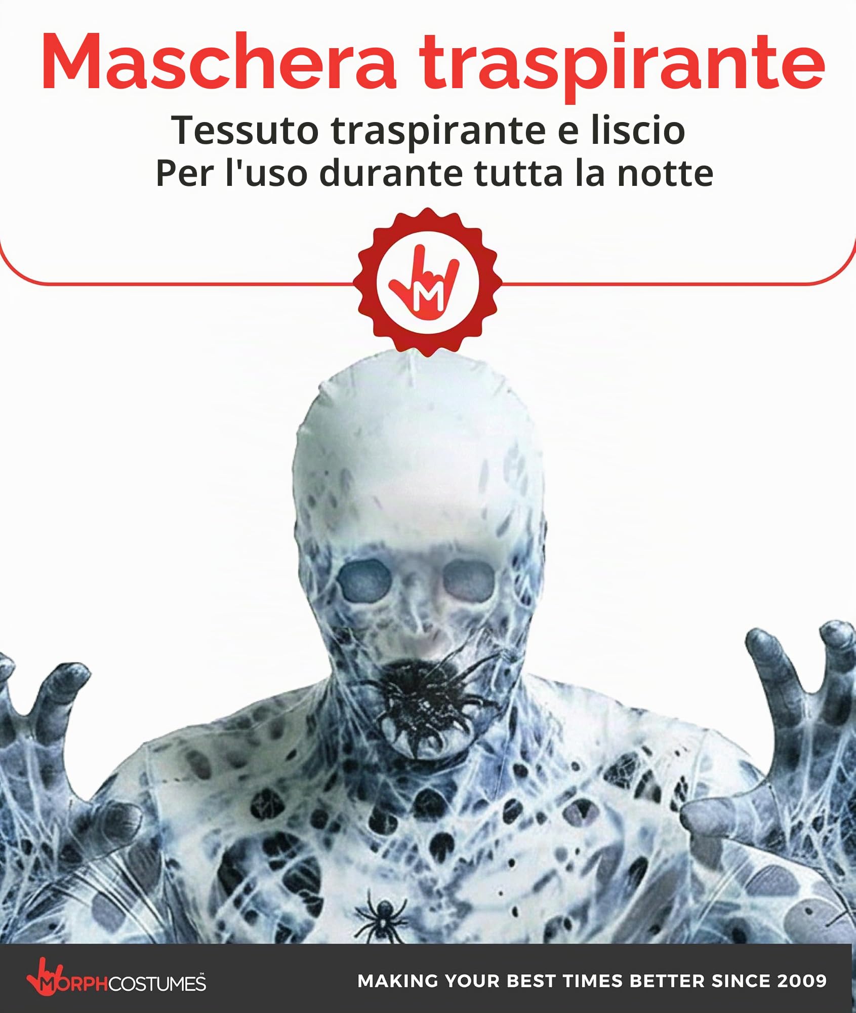 Morphsuit, costume da mostro, motivo: teschio e ossa