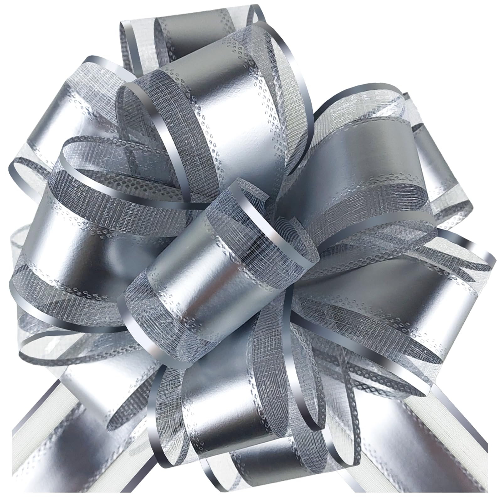 HHXUUAN Large Gift Wrap Bright Silver Pull Bows with Clear Instructions.6pcs 7InchDurable Organza Ribbon Bow for Hampers, Baskets, Wedding, Birthday & Present Decorations