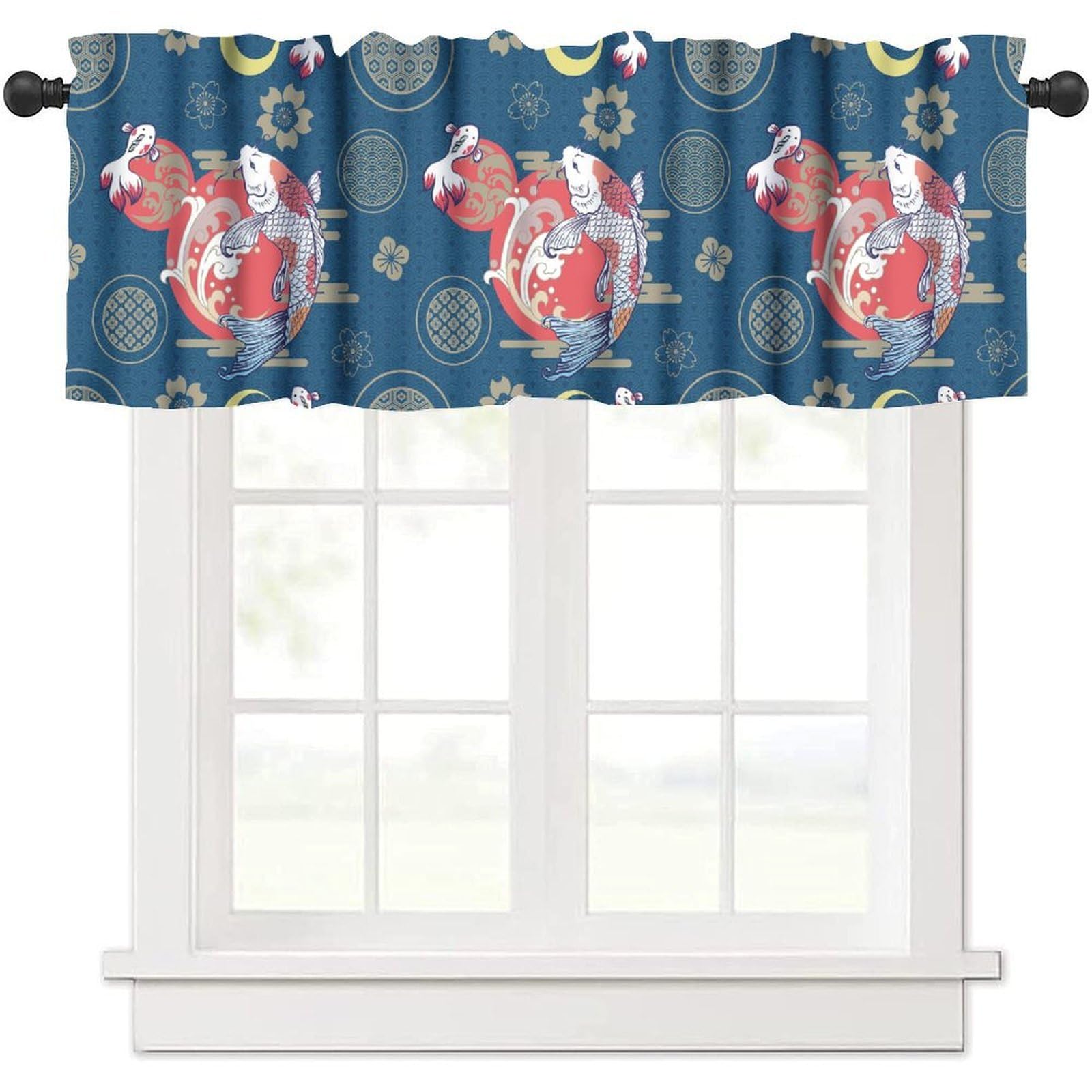 moderw Vintage Koi Fish Curtain Valance, Oriental Japanese Koi Fish Asian Chinese Traditional Window Treatment Valance for Farmhouse Dining Room Kitchen Canteens Café Décor Party 54x18inch