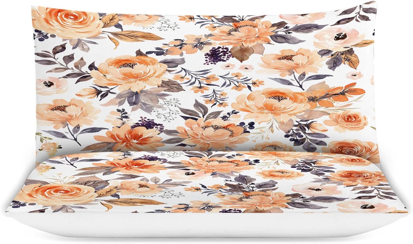 Flower Comforter Set Full Size, Orange Floral Print Comforter Cover Gifts for Women, Wildflower Bedding Decor Duvet Quilt Cover Set with 2 Pillowcases for Boys Girls Adults Teens