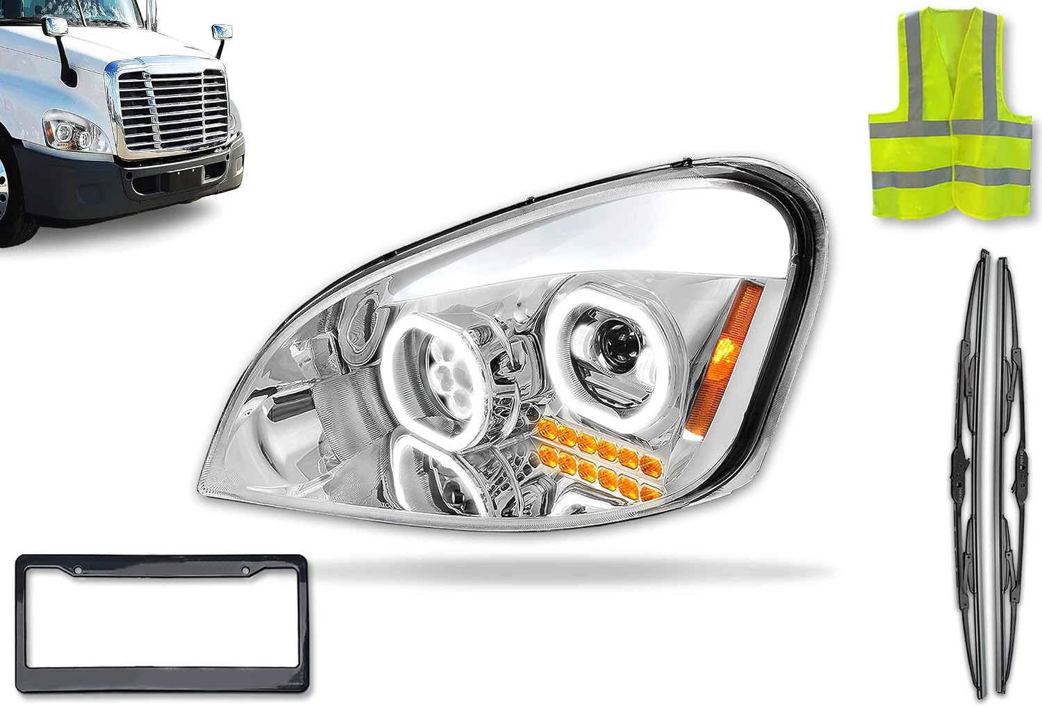 KOZAK Full LED Performance Headlight Lamp with Sequential Turn Signals Chrome Housing (Left Driver Side) Compatible with Freightliner Cascadia 2008-2017 PLUS Logo, Wipers, Frame License Plate and Vest