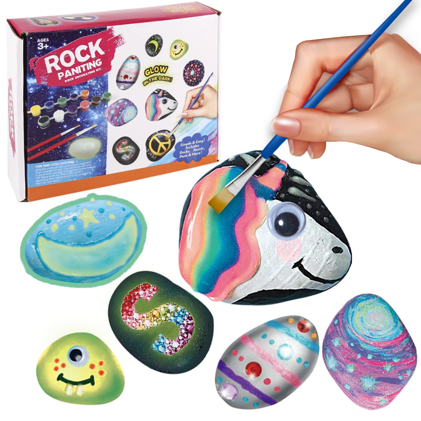 Rock Painting Kit, Kids Painting Set, Arts and Crafts for Kids Adults, Including 6 Glow in The Dark Painting Rocks, 6 Natural Rocks