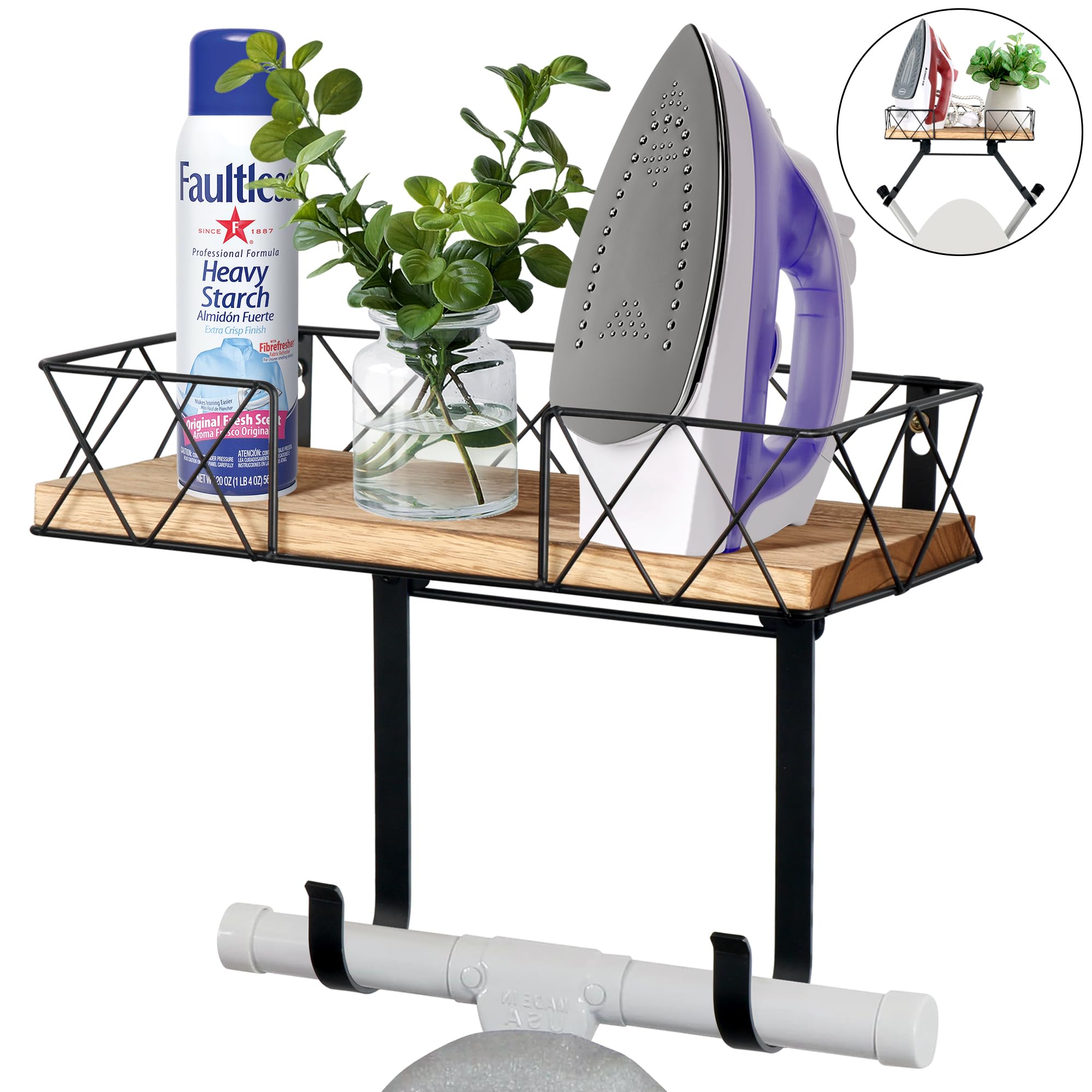 Soporte para Tabla de Planchar, Soporte para Tabla de Planchar con Cesta de Madera y Ganchos Ajustables, montado en la Pared, Ideal para baños, dormitorios, Color Negro
