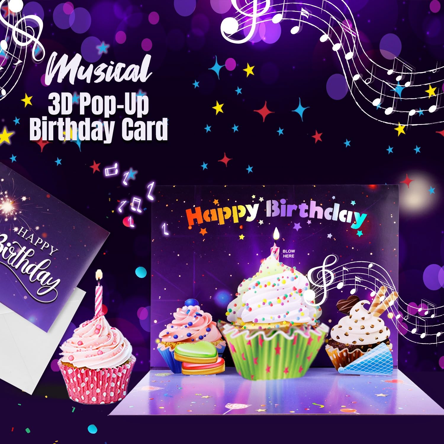 Tarjeta de feliz cumpleaños 3D emergente | Tarjetas de felicitación con luces musicales | Soplar la vela | Tarjeta desplegable de pastel de magdalenas | Reproduce una canción de feliz