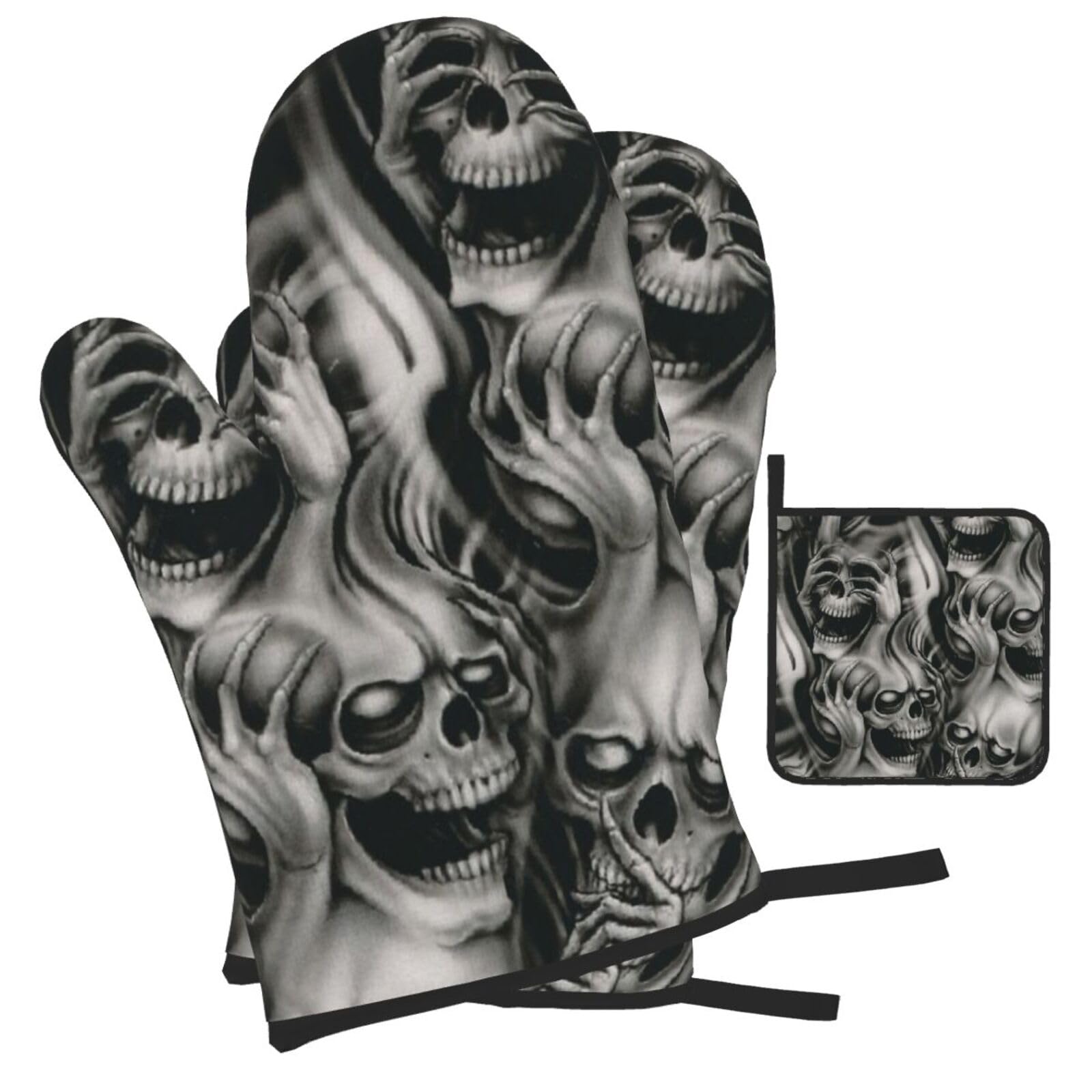 Cool Evil Skull Printed Oven Mitts and Pot Holders Heat Resistant Set of 3 Pcs, Modern Kitchen Gloves & Potholders for Cooking Baking Grilling