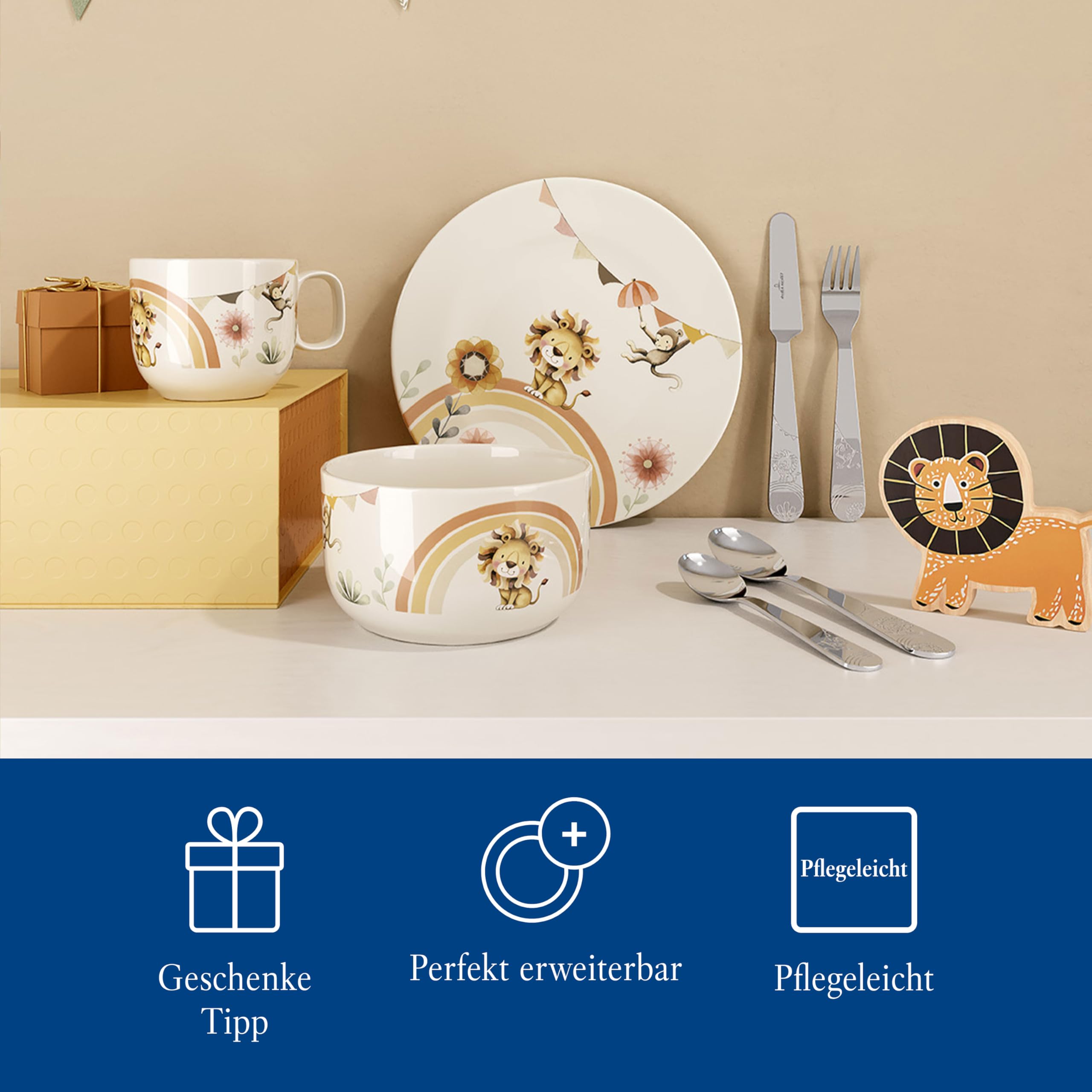 Villeroy & Boch – Boho Kids "Roar like a lion" Kindergeschirr-Set 7 teilig, Spülmaschinenfest, Mikrowellensicher, Geschirr Set Kinder mit Kinderbesteck, Tiermotiv Löwe und Affe, Premium Porzellan