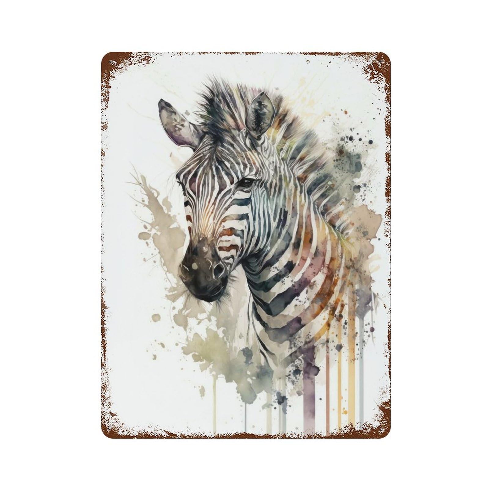 Distressed Metal Wall Sign with Zebra Watercolor Design 15.7"x11.8", for Farmhouse, Kitchen And Entryway Decor, Old School Wall Decor