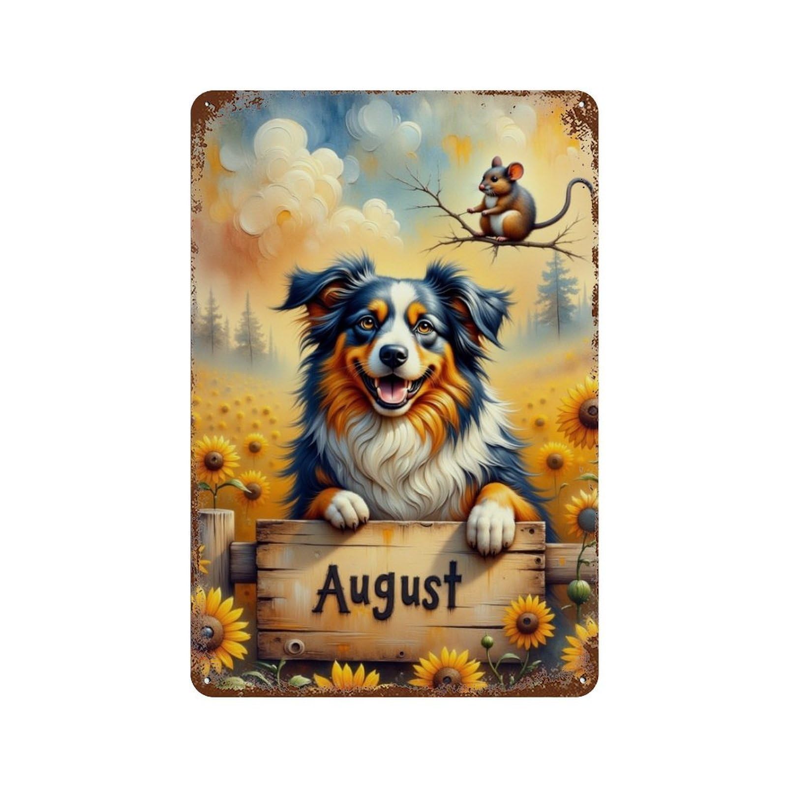 August Dog And Mouse Scene Rusty Metal Tin Sign 11.8"x7.9", Vintage Wall Decor for Garage, Pub Or Kitchen