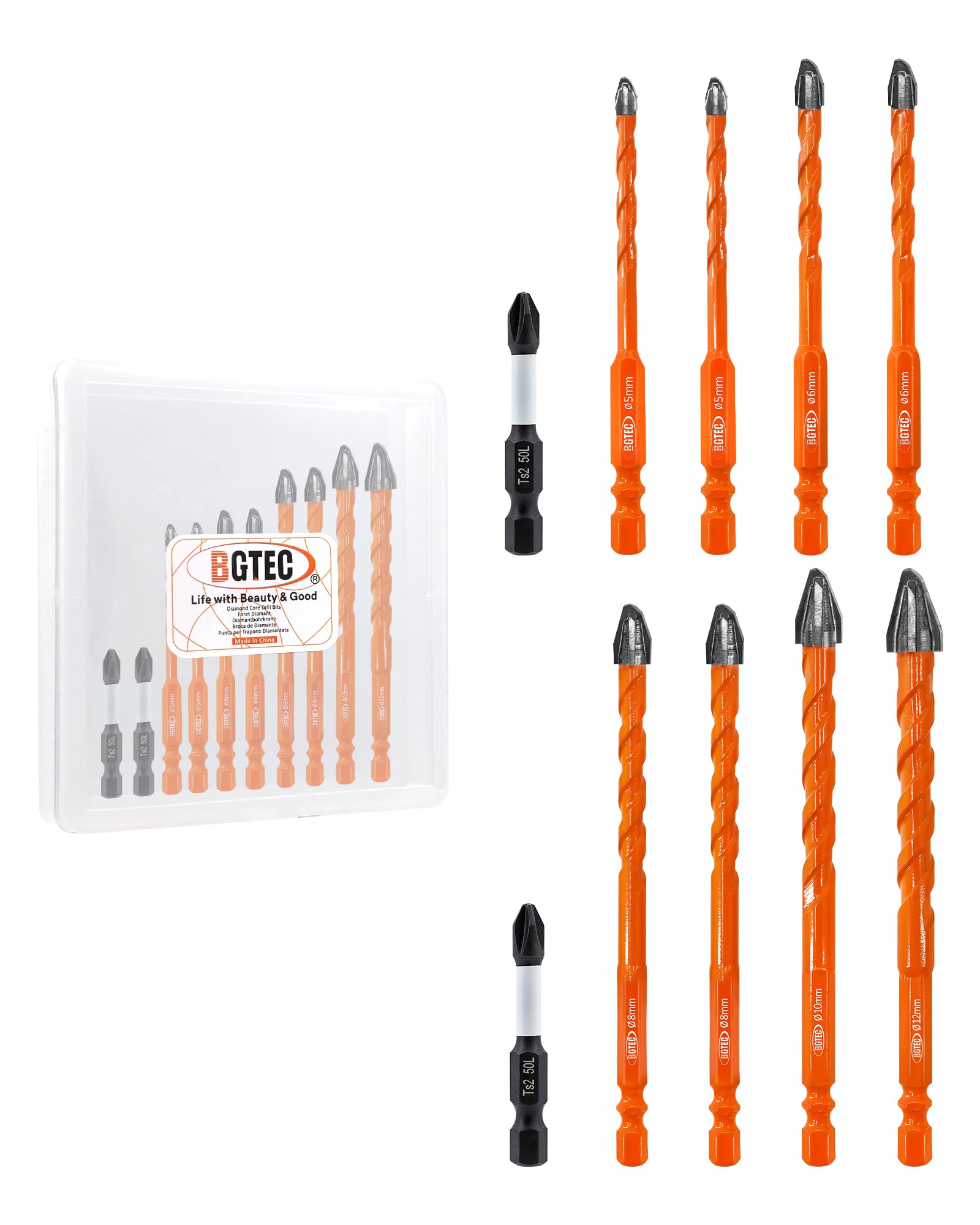 Masonry Drill Bit Set BGTEC - 10PCS 5MM - 12MM Carbide Eccentric Drill Bit with PH2 Screwdriver Bits for Masonry/Brick/Concrete/Tile/Glass/Wood/Plastic/Marble