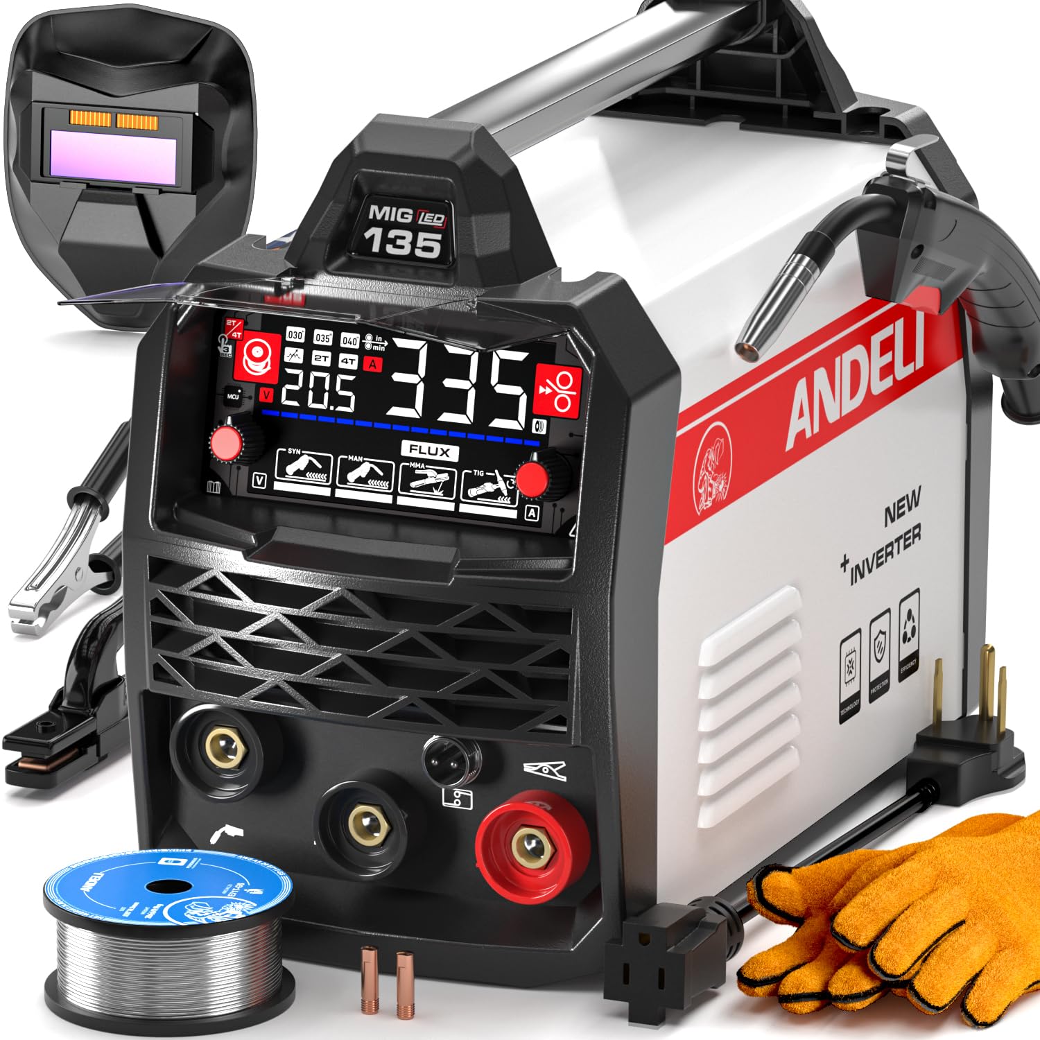 ANDELI 110V/220V MIG Welder 135A ,PULSE Flux Core/Lift TIG/Stick 4-in-1 ClimatePartner certified