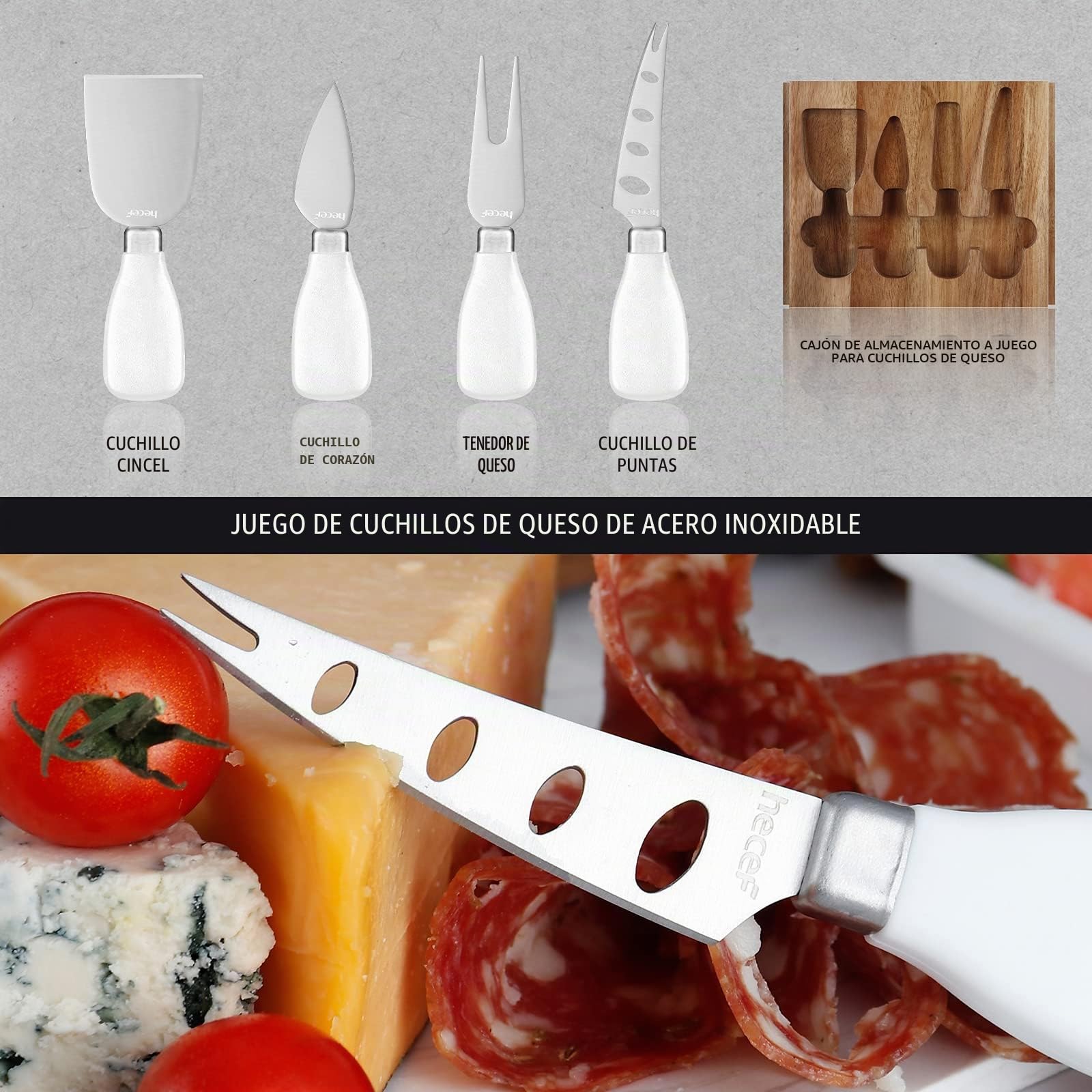 hecef Juego de Tablas de Queso de Madera de Acacia, Plato de Queso con 2 cajones deslizables, Juego de Cubiertos, Platos de Aperitivos y Pizarra de Queso de mármol, Tabla de Embutidos para Servir