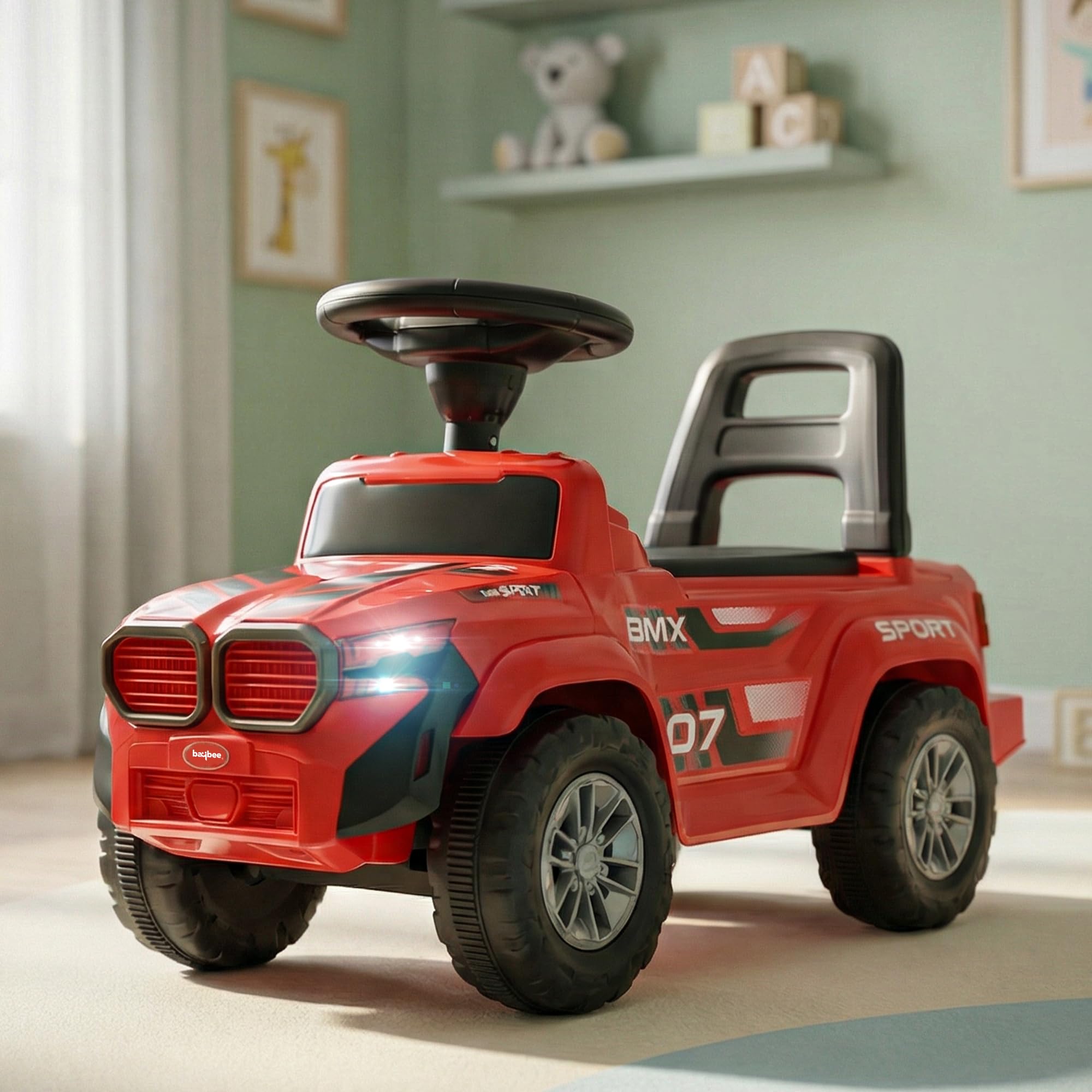 Baybee Nitro Ride on Cars for Kids | Portable Ride on Jeep with High Backrest & Toy Storage | Baby Push Ride ons Toys Car with Music & LED Light | Outdoor Kids Cars for 1 to 3 Years Boy Girl (Red)-image-0