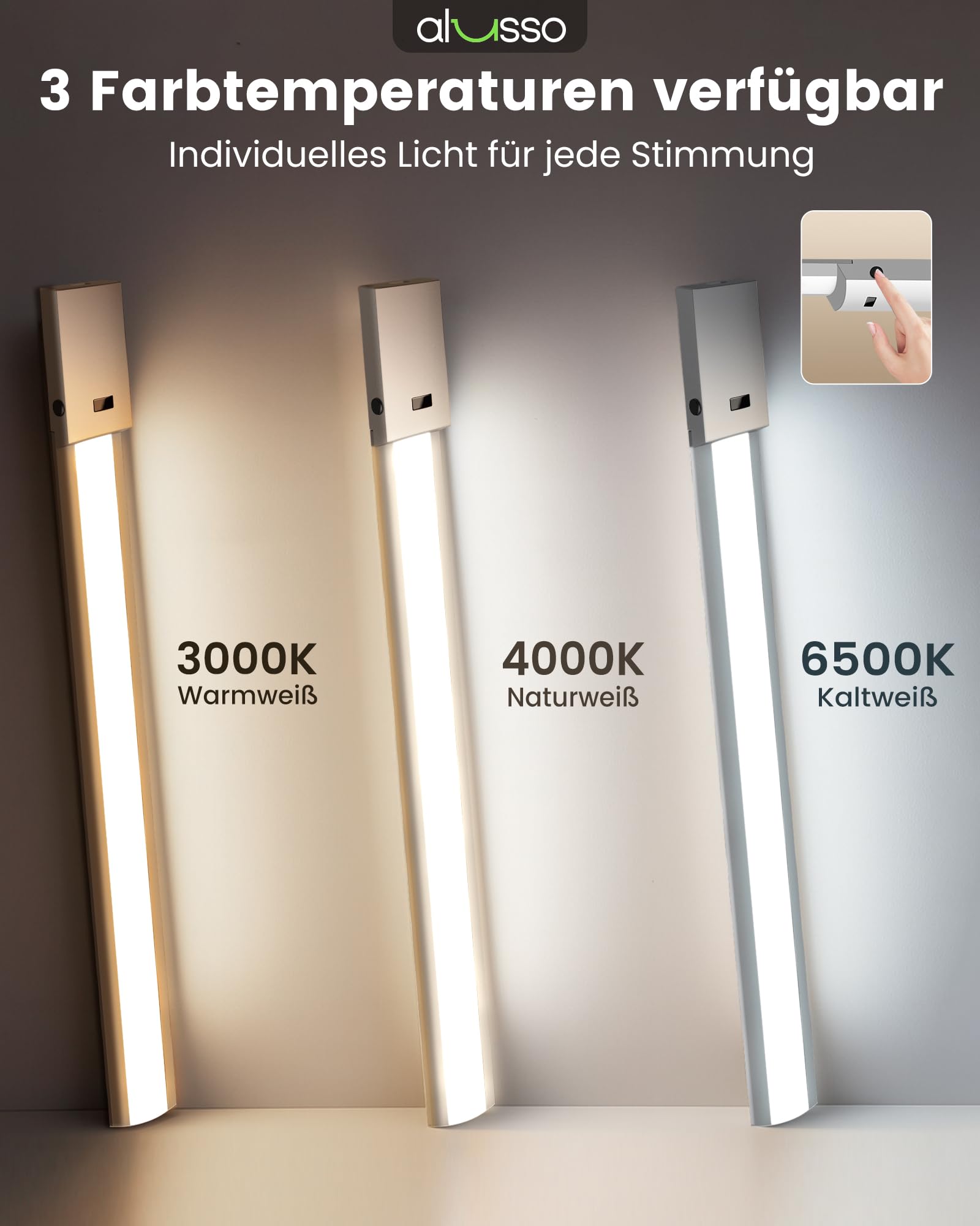 ALUSSO 60cm Unterbauleuchte küche LED Dimmbar, 3 Farbtemperatur Lichtleiste mit Berührungsloser Sensor, Ultra Dünn Unterschrank Beleuchtung für Schrank, Regale, Werkbank, 780Lumen