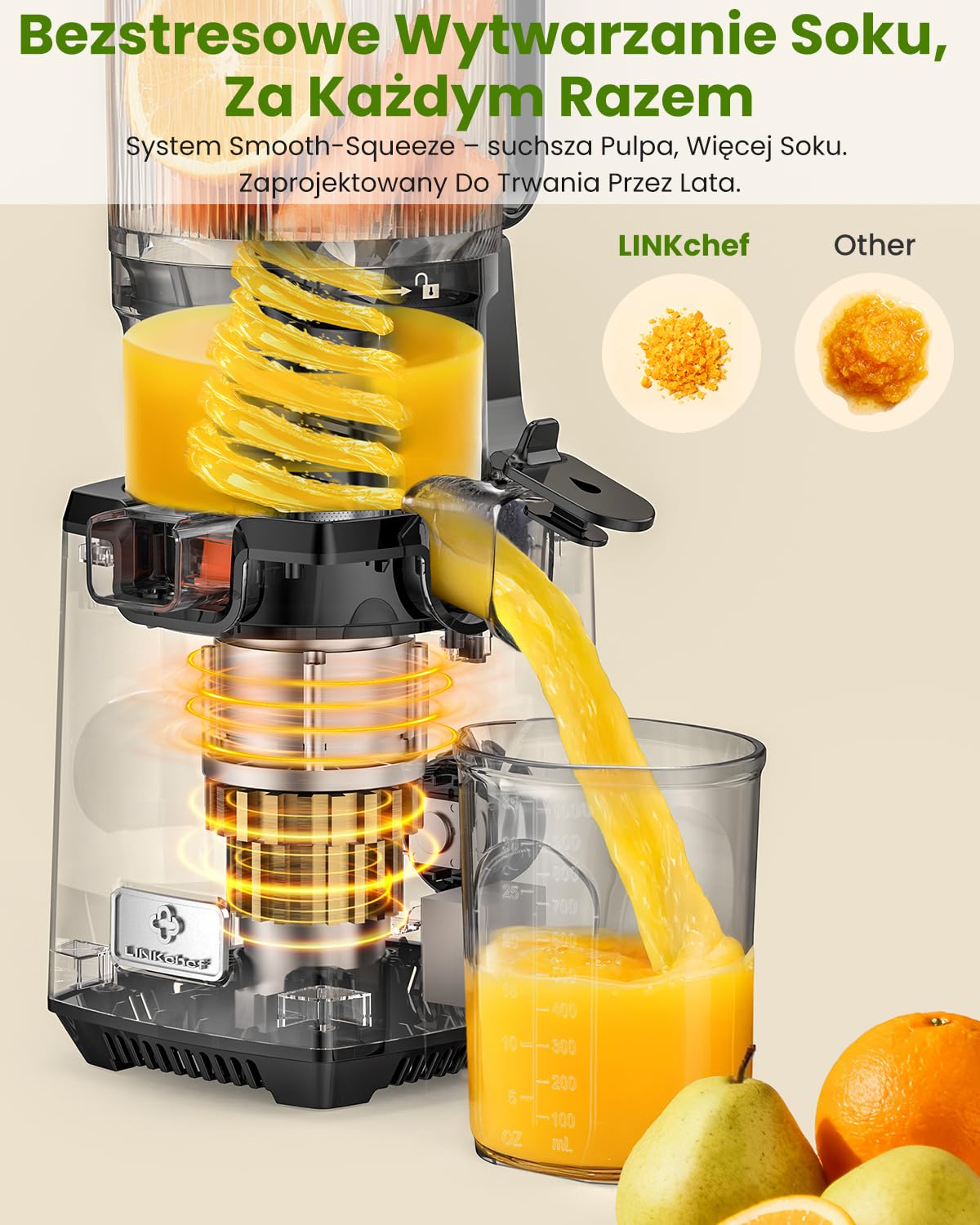 LINKChef Slow Juicer, szeroki otwór 130 mm, wyciskarka do owoców i warzyw, pojemność 1,8 L, elektryczna wyciskarka 250W z funkcją cofania, cicha, łatwy montaż, łatwe czyszczenie, BPA free