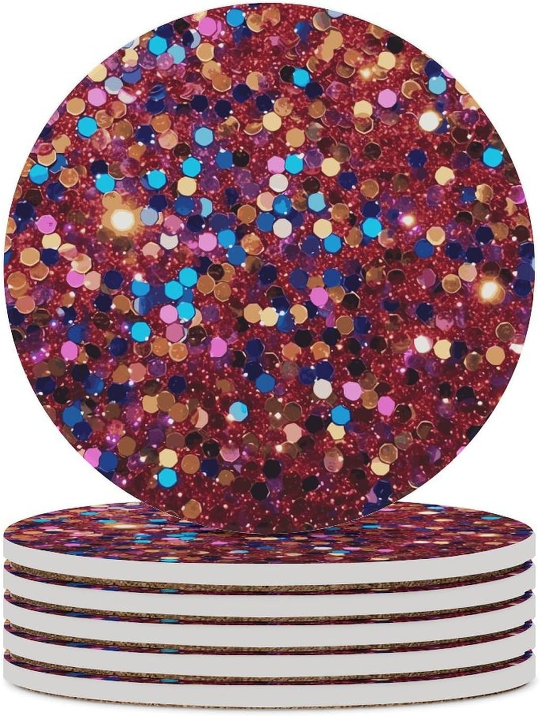 Glitter Pattern Coasters for Drinks Absorbing Round Ceramic Stone Coaster with Cork Base Coffee Cup Beverage Table Cup Mat Modern Style Bar Coaster Set for Home Decor