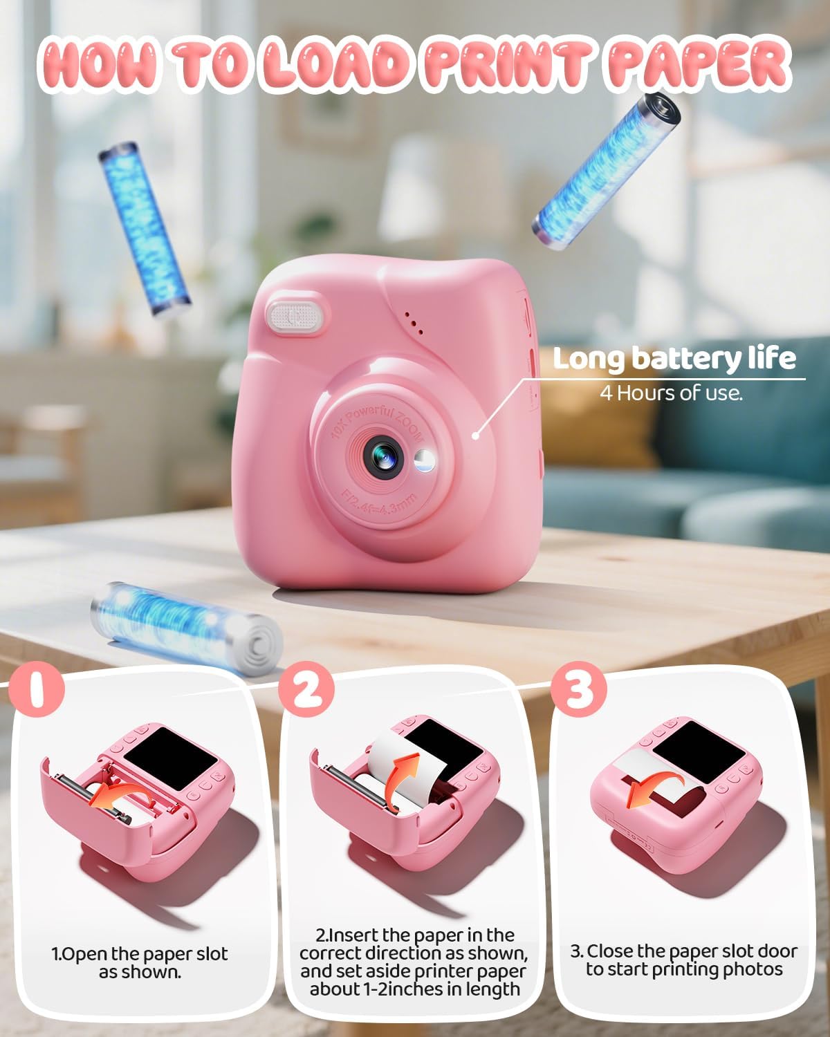 Kids Camera Instant Print, 1080P HD Kids Instant Camera with 32G Card & 3 Rolls Print Paper, Portable Toddler Toy, Christmas Birthday Gifts for Boys Girls Age 3-12 (Pink)