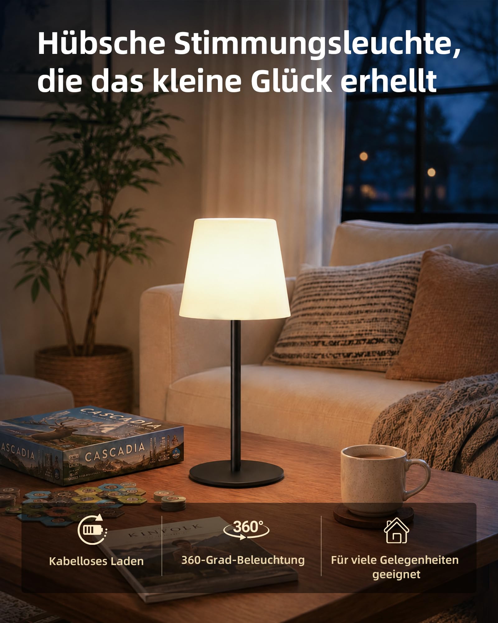 EZVALO Lampe de Chevet Sans Fil Tactile, Lampe de Table LED Rechargeable USB-C, Batterie 4500 mAh, Luminosité Réglable, 3 Couleurs, Lampe Portable pour Chambre, Salon, Extérieur (Noir, 1 Pièce)