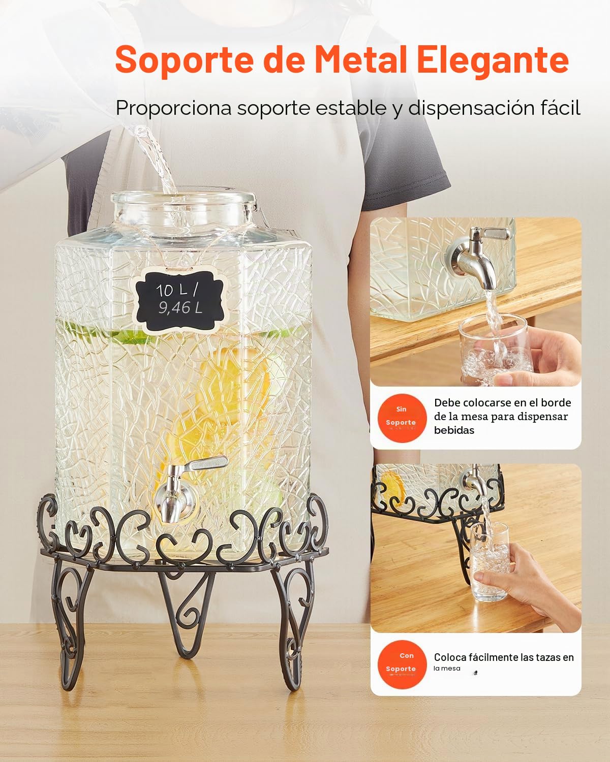 VEVOR Dispensador de Bebidas 10 L para Fiestas, Dispensador de Zumo de Cristal con Soporte Metálico y Grifo de Acero Inoxidable, Ideal para Té Helado, Limonada, Zumo y Agua, 400 x 210 x 210 mm
