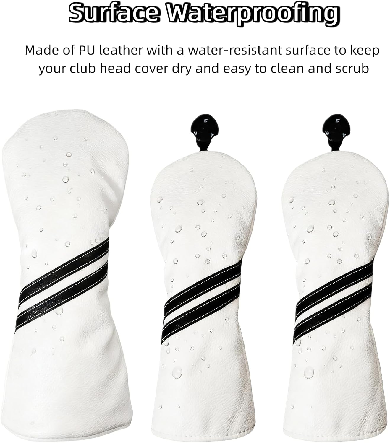 HELLO NRC 3 Pieces Golf Club Covers, Golf Headcover Set, Head Covers for Woods and Driver, 3 Wood Cover White and Black, 460cc PU Waterproof Leather with Rotating Number Tags for Most Golf Clubs