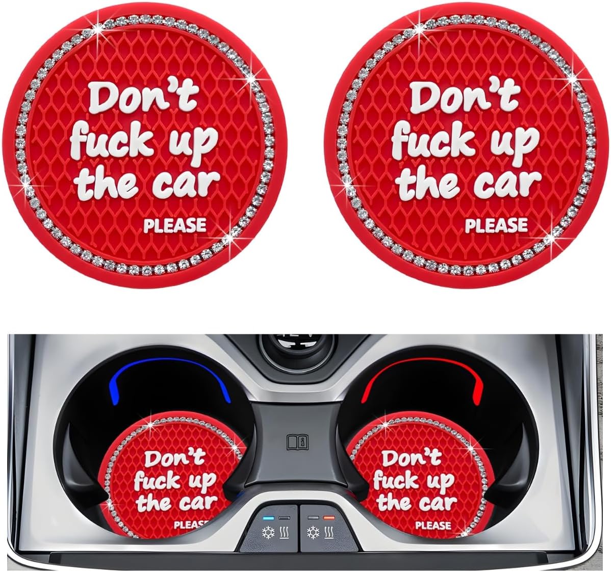 2 PCS Bling Car Coasters, Funny Rhinestone Cup Holder Insert Coaster Auto Drink Mat, Sparkling Vehicle Water Bottle Mat Drink Holder Pad for Women Men, Car Accessories (Red)