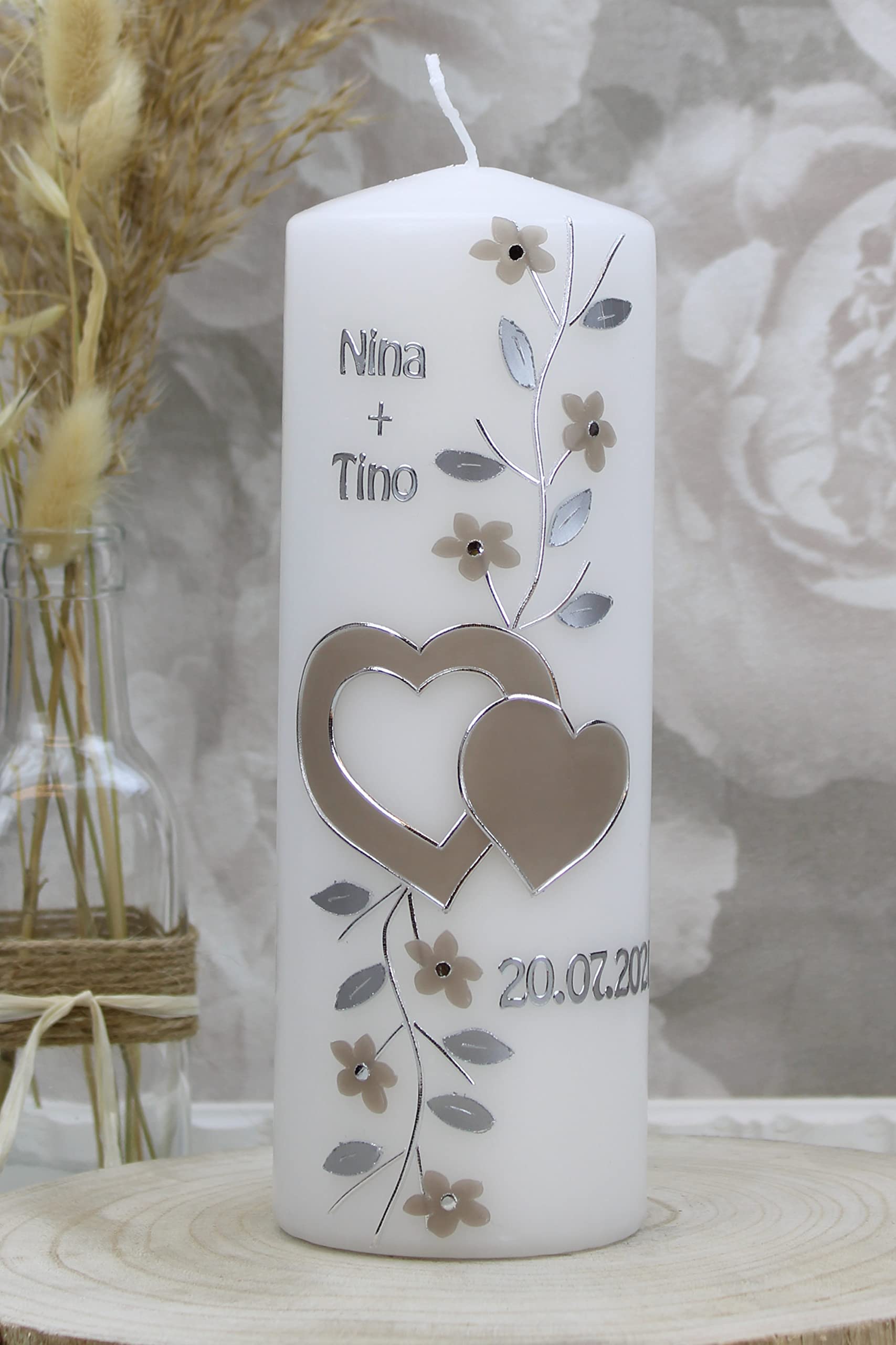 Hochzeitskerze Nina und Tino mit Namen und Datum, individuell, handverziert 1245