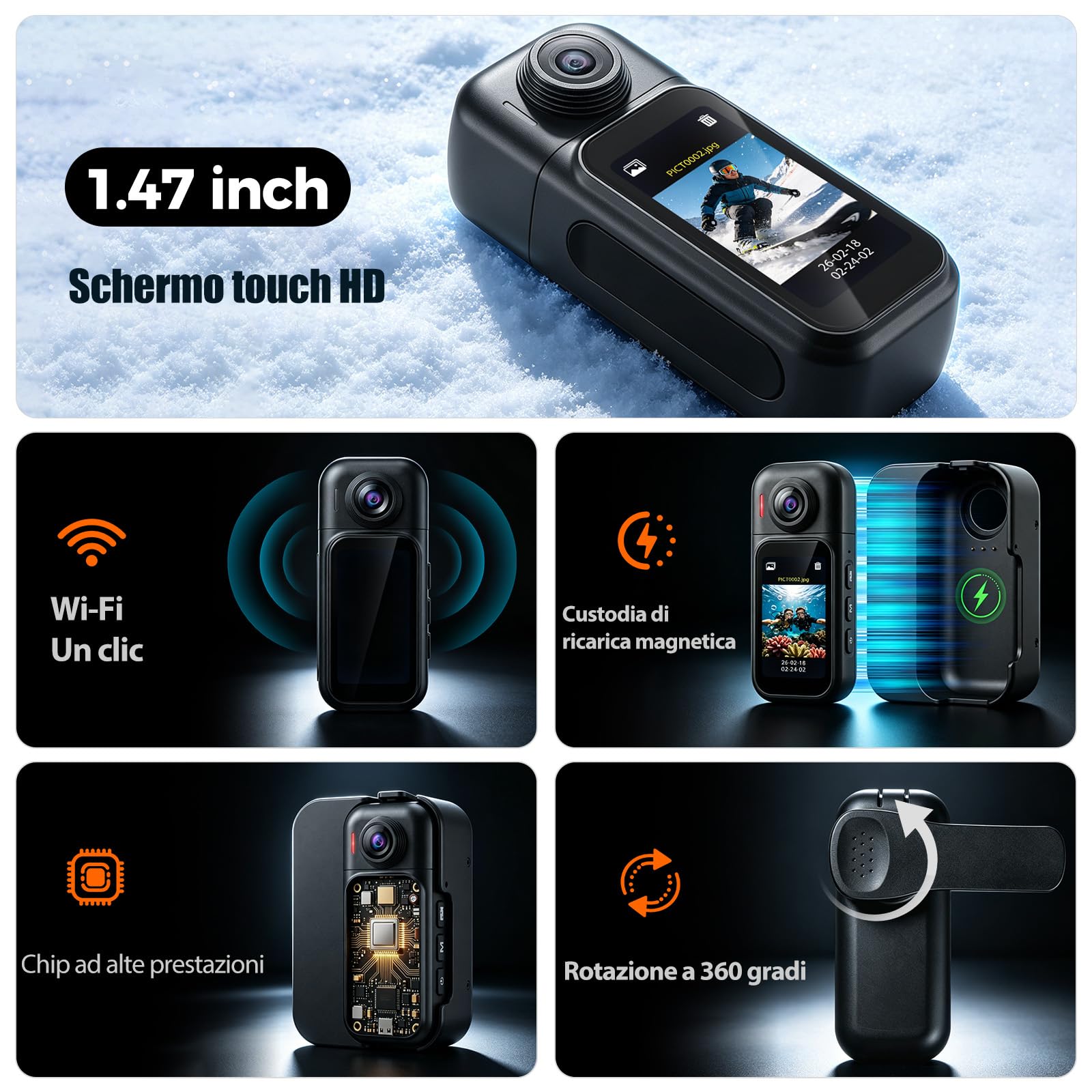 AIKER 4k Mini Action Cam,Pro Nuovo Wifi Body Cam Magnetica Indossabile-Immagini HD/Eis 6 Assi/Custodia Di Ricarica 1600mah/ 7h Autonomia /40m Impermeabile /150° Grandangolo Dashcam Moto