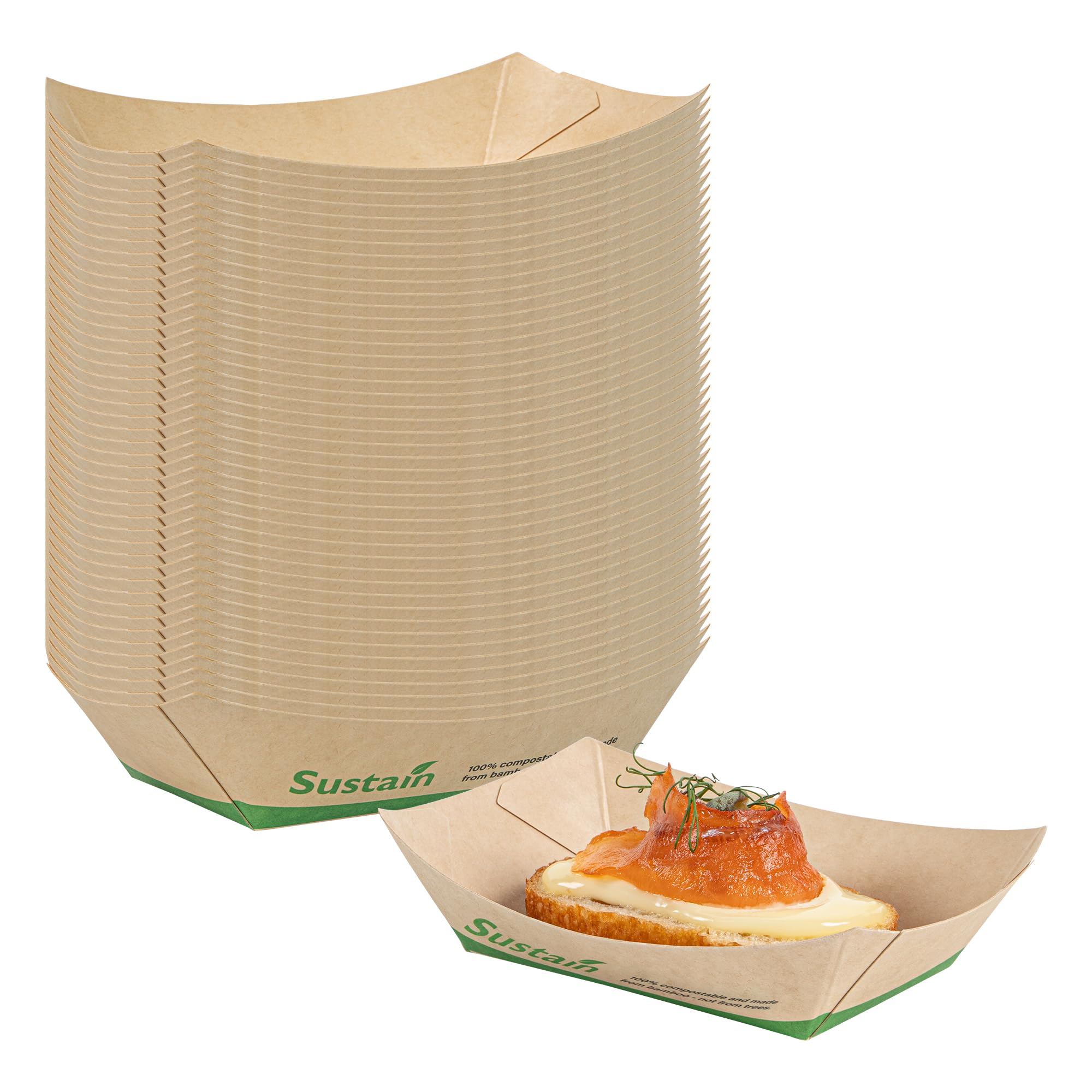 Restaurantware -Sustain - Barcos desechables de comida de 4 onzas, 50 bandejas de papel resistentes para alimentos, con forro de ácido poliláctico, compostables, bandejas de servir de papel de bambú