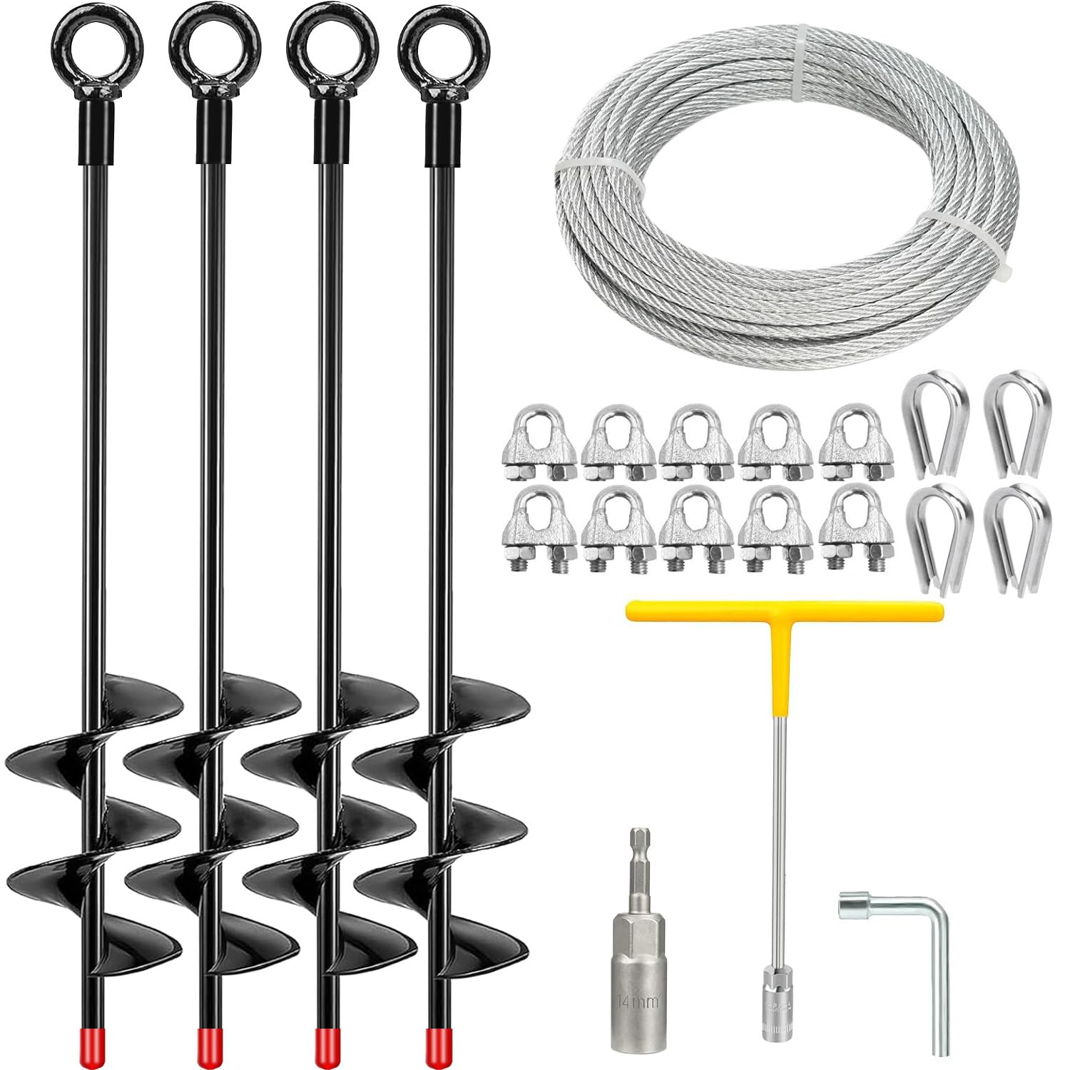 Kit di 4 ancoraggi resistenti da 45,7 cm con cavo zincato da 3/16" e accessori – sicuro capannoni, trampolini, tettoie, gazebo, tettoie, tettoie, tettoie, tettoie, tettoie, tettoie, posto auto coperto